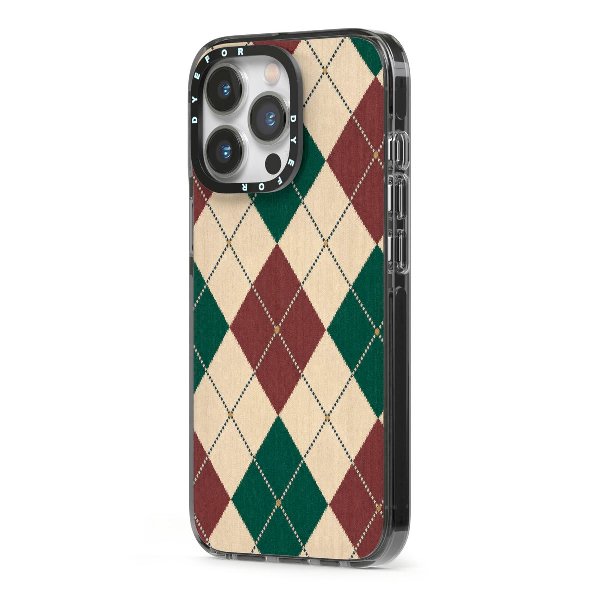 Manor House Argyle iPhone 13 Pro Black Impact Case Side Angle on Silver phone