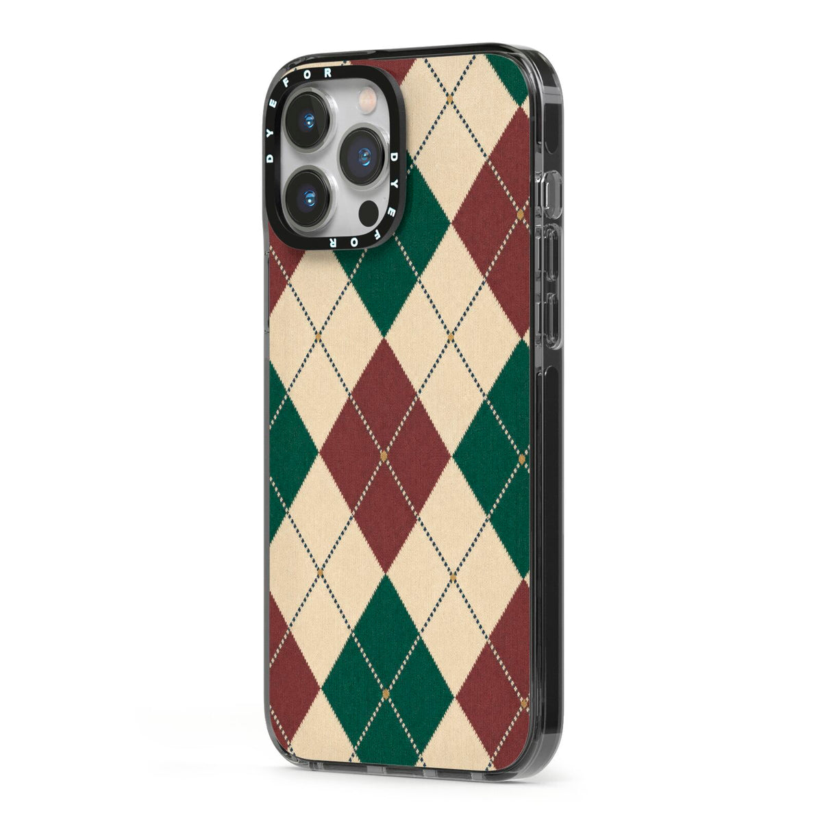 Manor House Argyle iPhone 13 Pro Max Black Impact Case Side Angle on Silver phone
