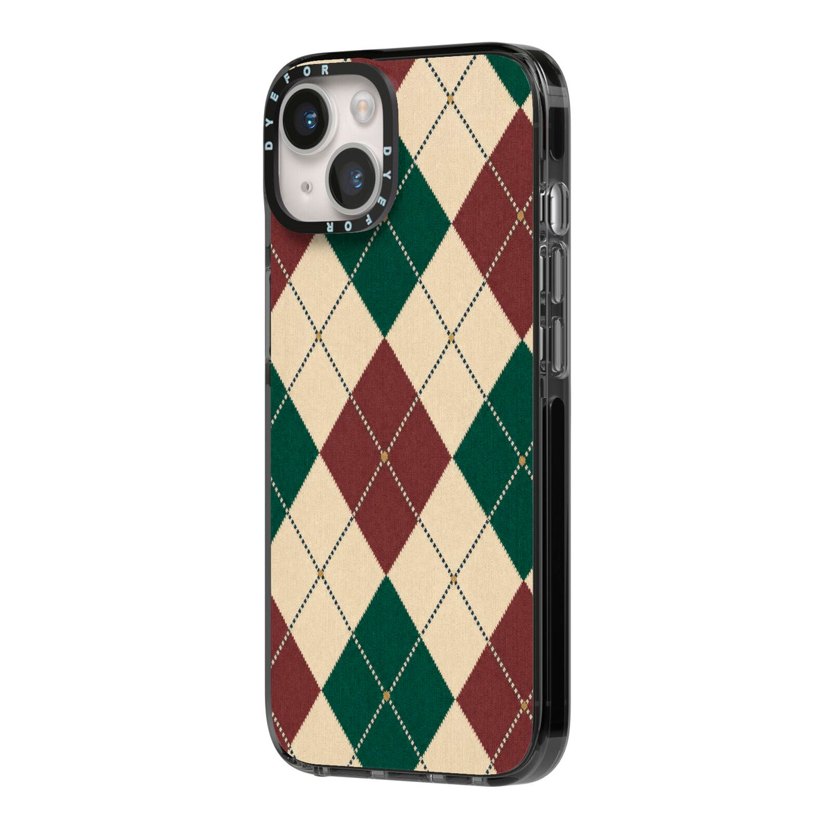 Manor House Argyle iPhone 14 Black Impact Case Side Angle on Silver phone