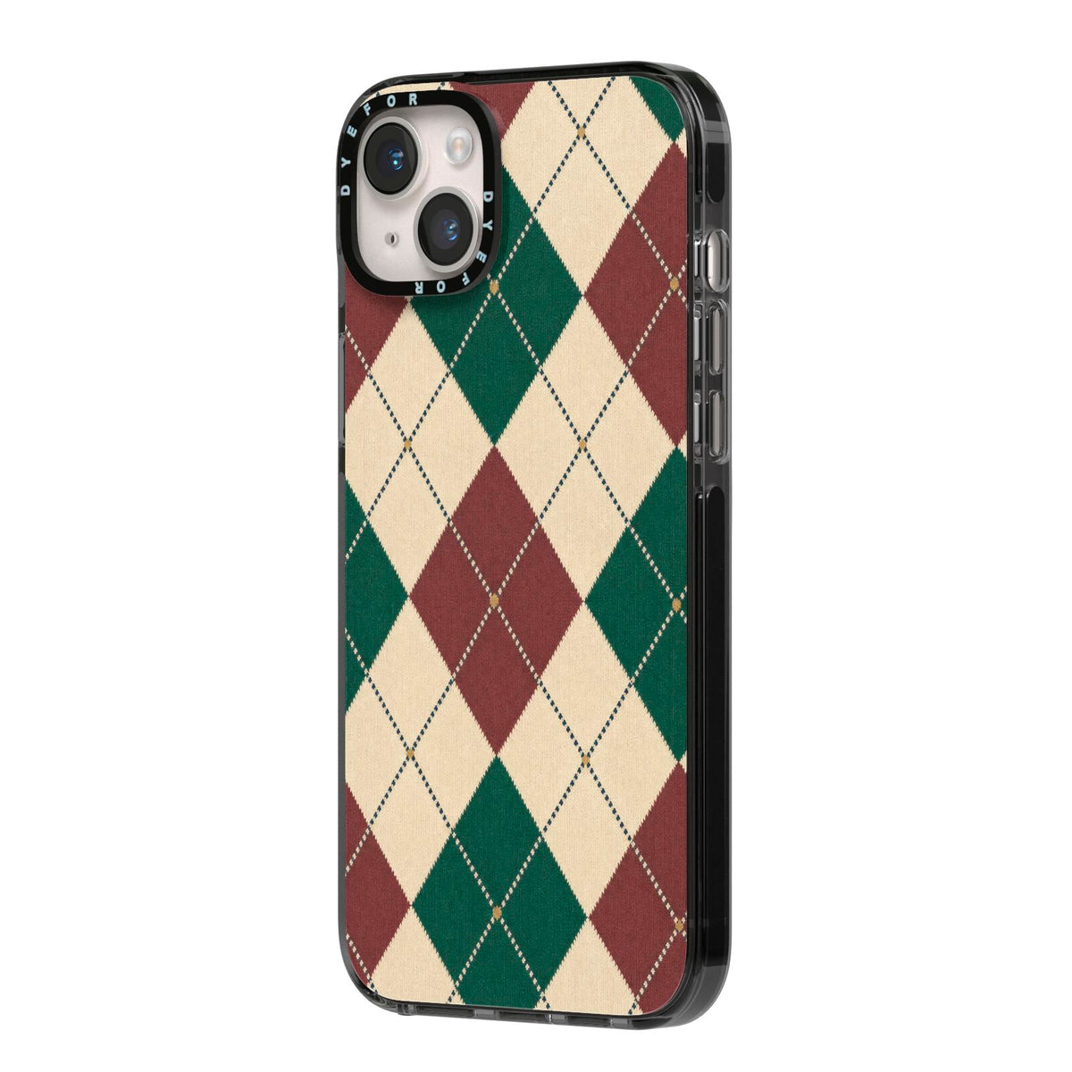 Manor House Argyle iPhone 14 Plus Black Impact Case Side Angle on Silver phone