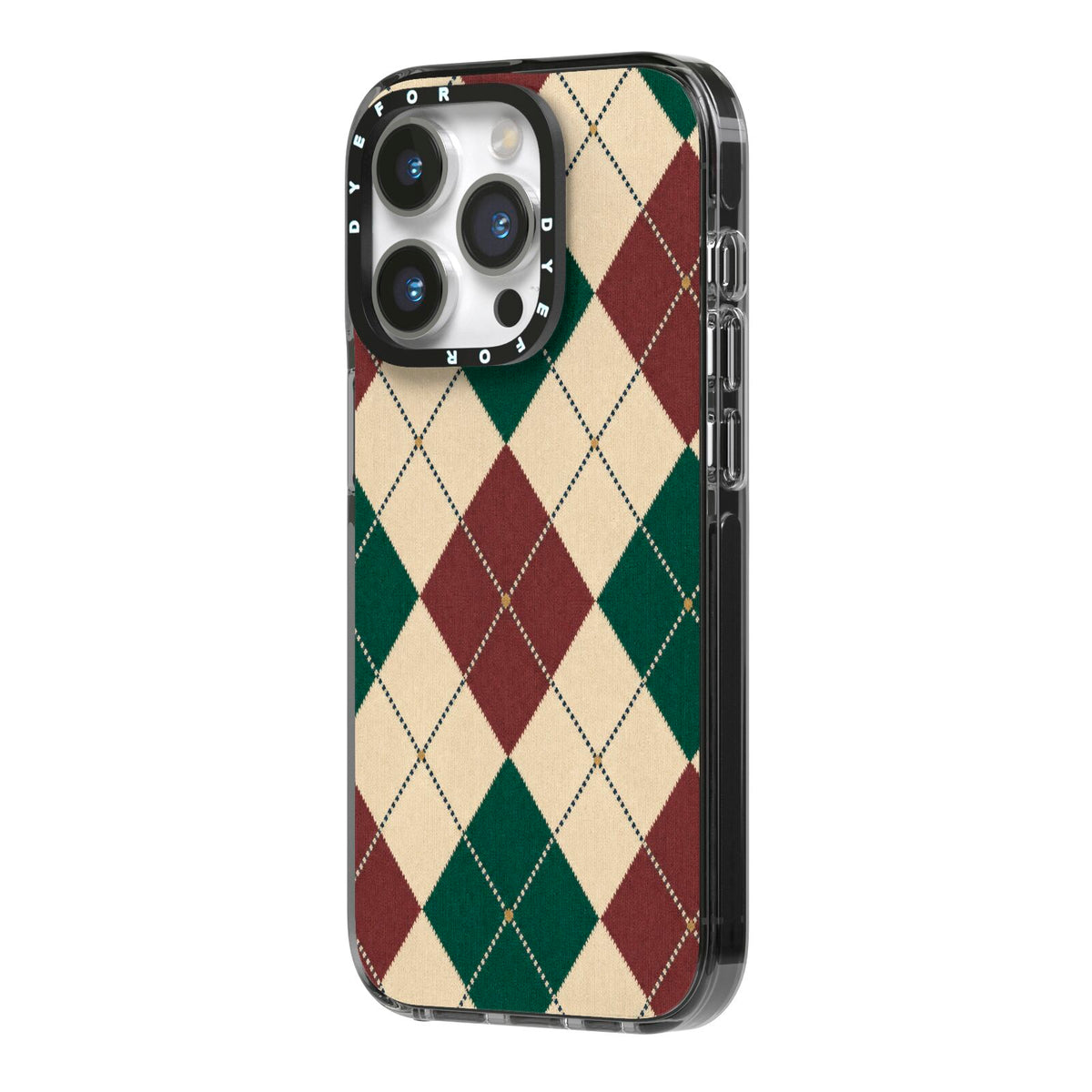 Manor House Argyle iPhone 14 Pro Black Impact Case Side Angle on Silver phone