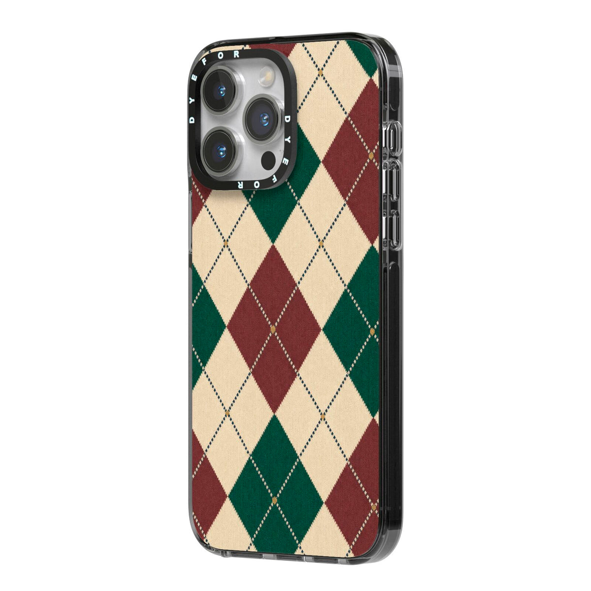 Manor House Argyle iPhone 14 Pro Max Black Impact Case Side Angle on Silver phone