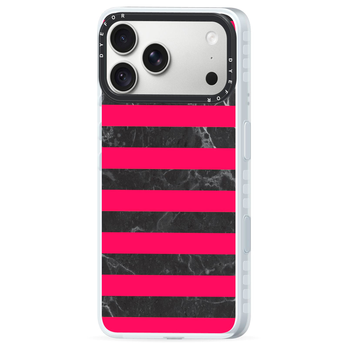 Marble Black Hot Pink iPhone 18 Pro Max Black Impact Pre order Case Side Angle on Silver phone