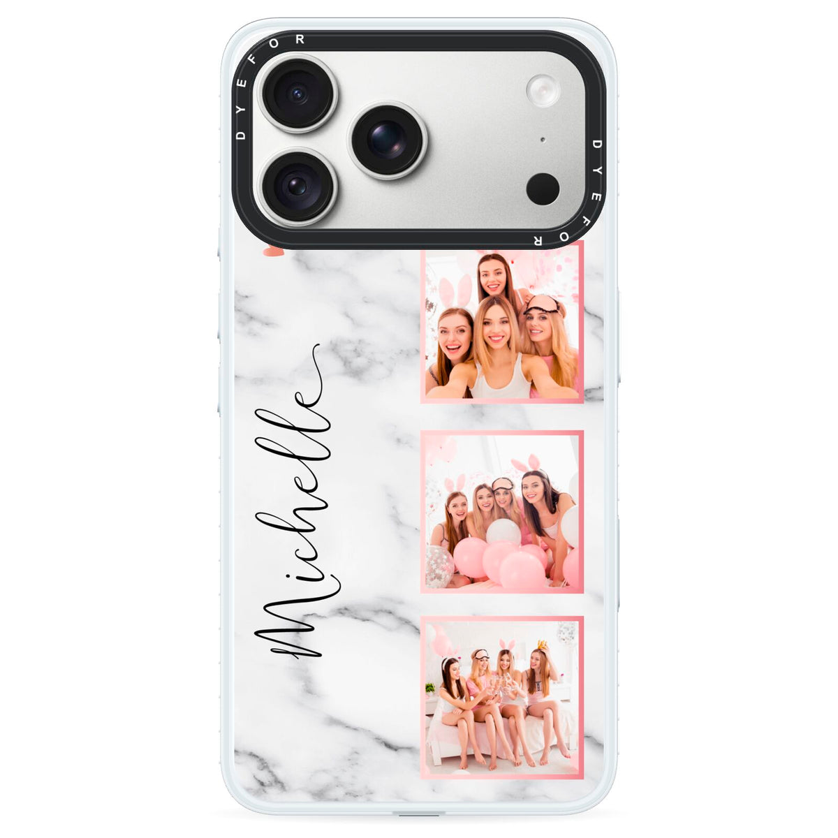 Marble Photo Strip Personalised iPhone 18 Pro Black Impact Pre order Case on Silver phone