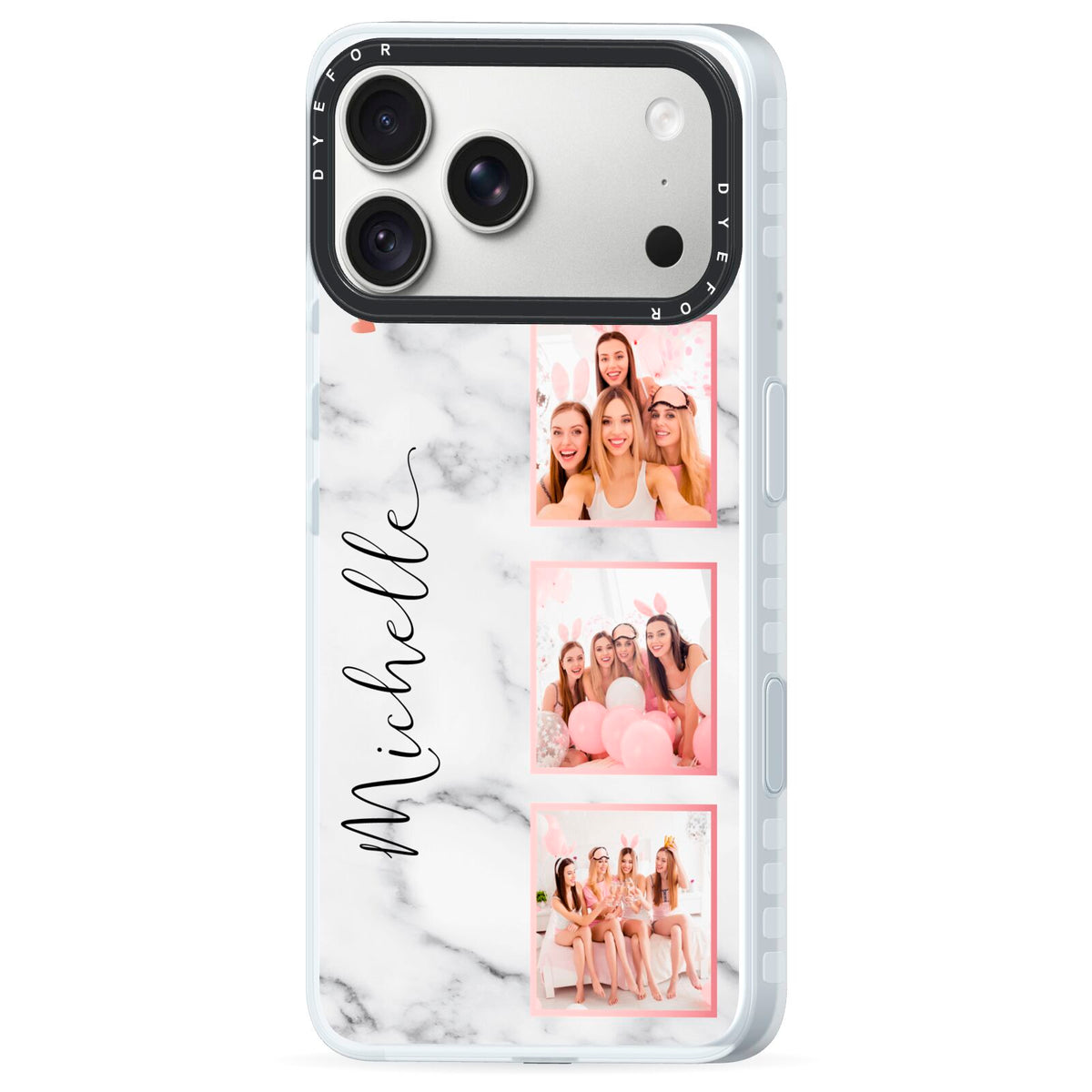 Marble Photo Strip Personalised iPhone 18 Pro Max Black Impact Pre order Case Side Angle on Silver phone