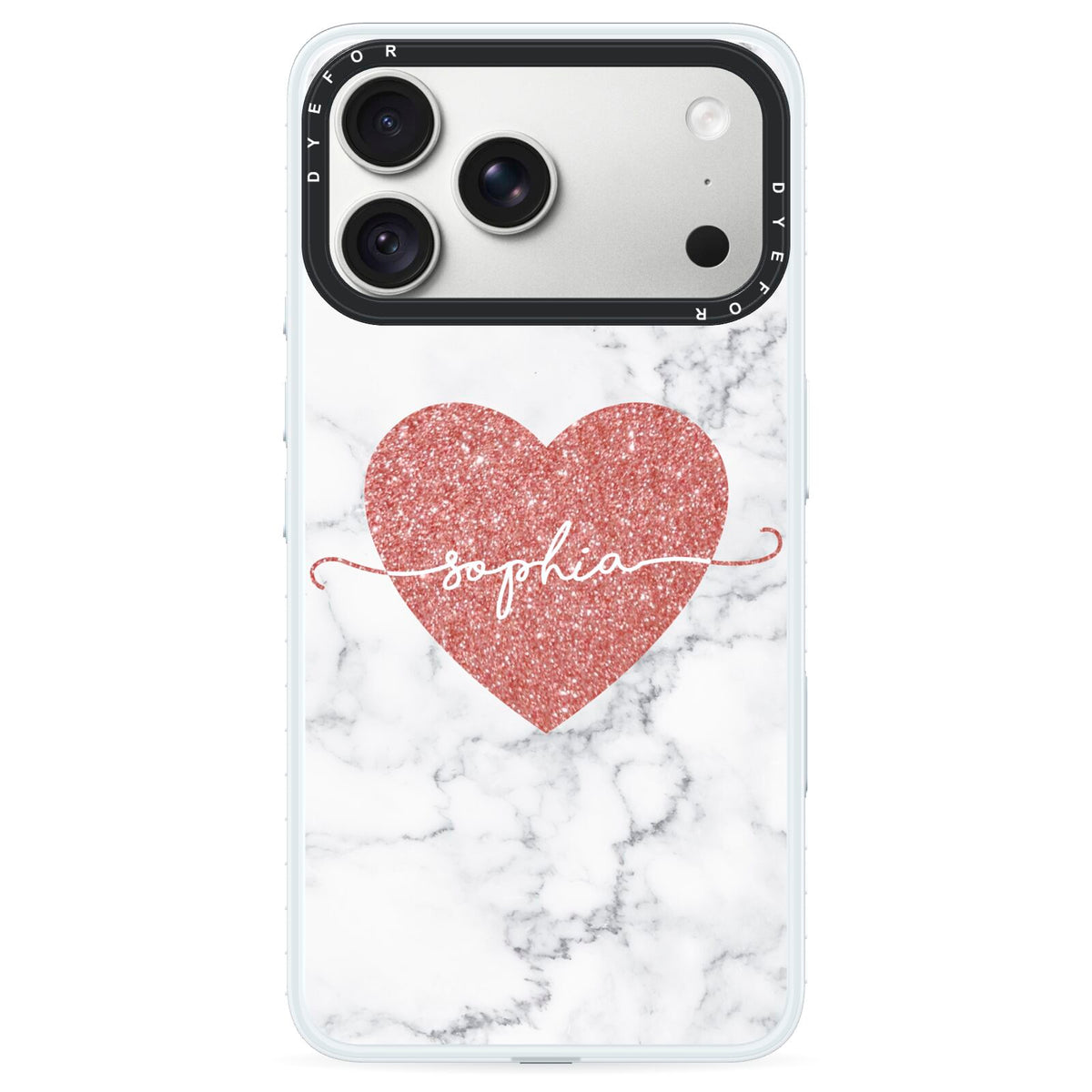 Marble Rose Gold Glitter Heart Personalised Name iPhone 18 Pro Black Impact Pre order Case on Silver phone