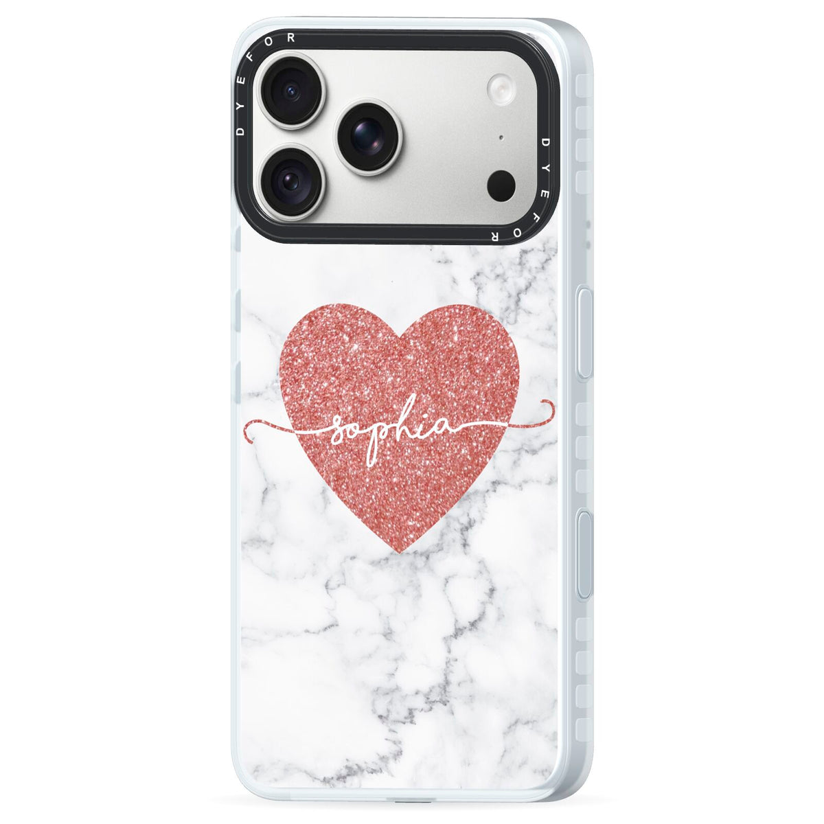 Marble Rose Gold Glitter Heart Personalised Name iPhone 18 Pro Max Black Impact Pre order Case Side Angle on Silver phone