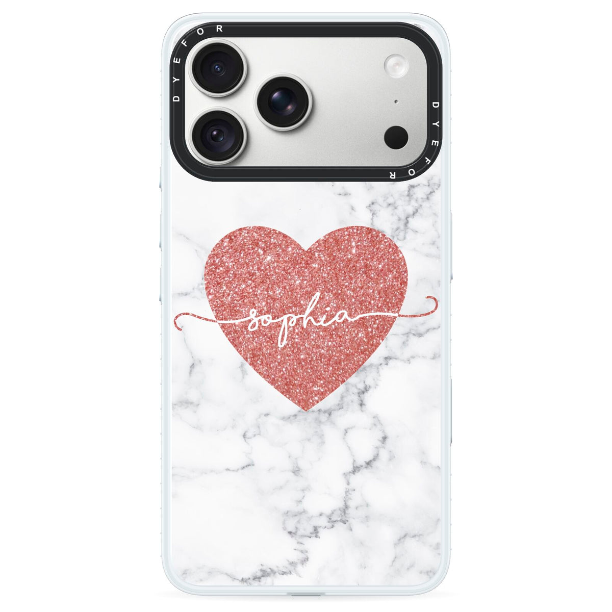 Marble Rose Gold Glitter Heart Personalised Name iPhone 18 Pro Max Black Impact Pre order Case on Silver phone