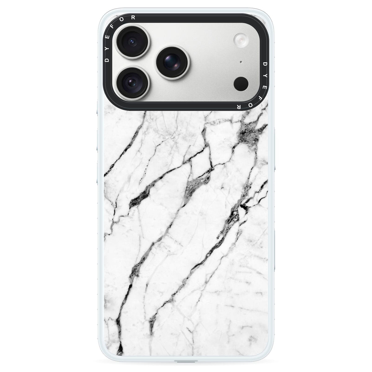 Marble White iPhone 18 Pro Black Impact Pre order Case on Silver phone