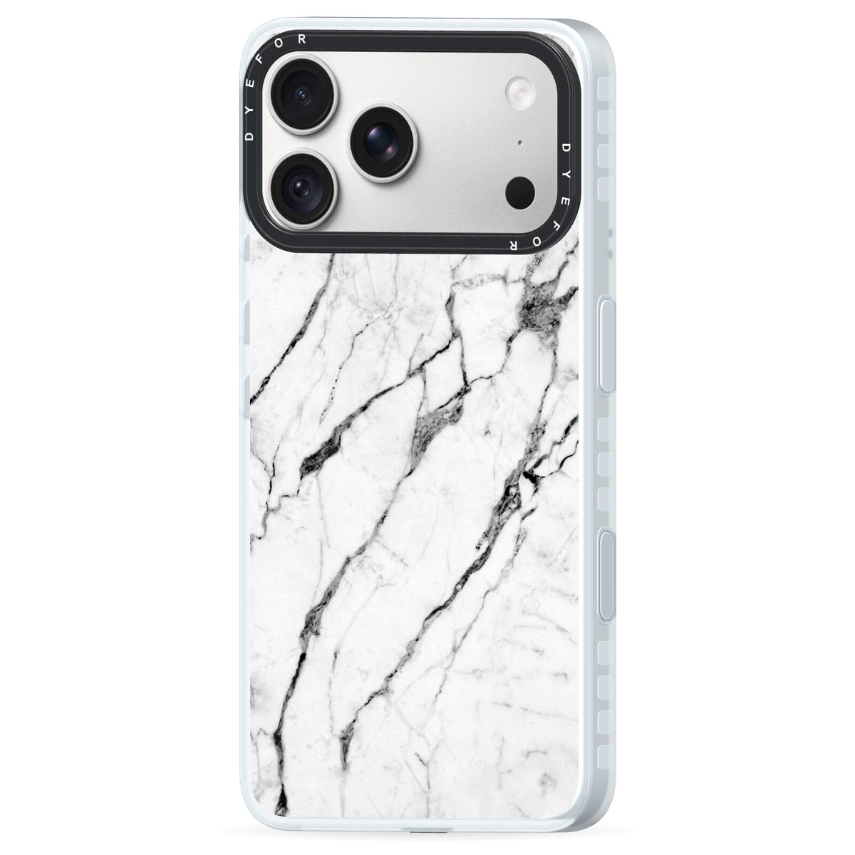 Marble White iPhone 18 Pro Max Black Impact Pre order Case Side Angle on Silver phone