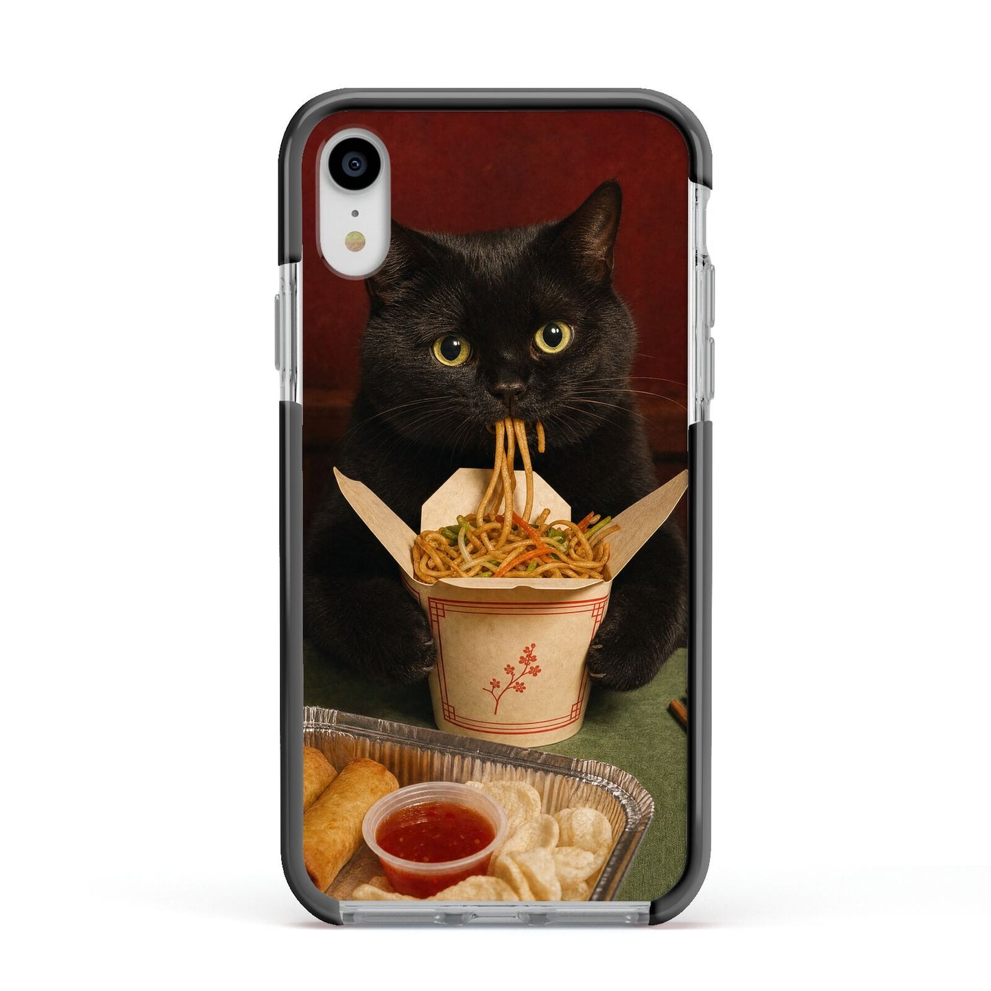 Midnight Chow Mein Apple iPhone XR Impact Case Black Edge on Silver Phone