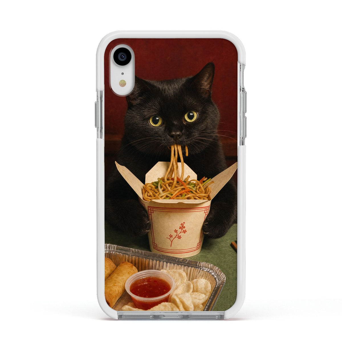 Midnight Chow Mein Apple iPhone XR Impact Case White Edge on Silver Phone