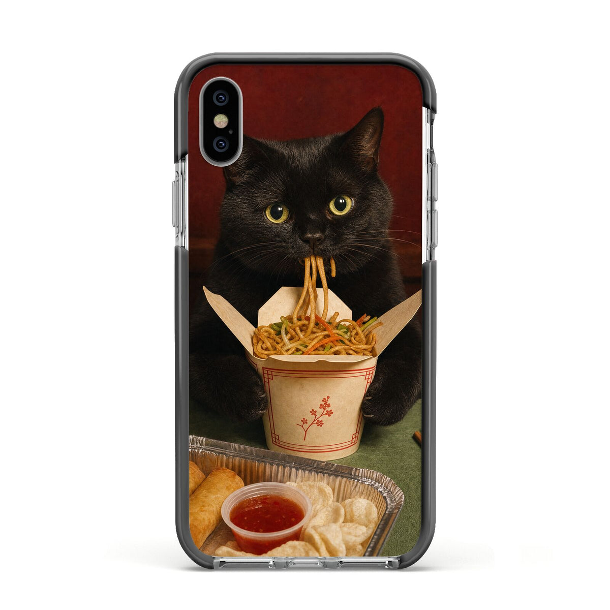 Midnight Chow Mein Apple iPhone Xs Impact Case Black Edge on Silver Phone