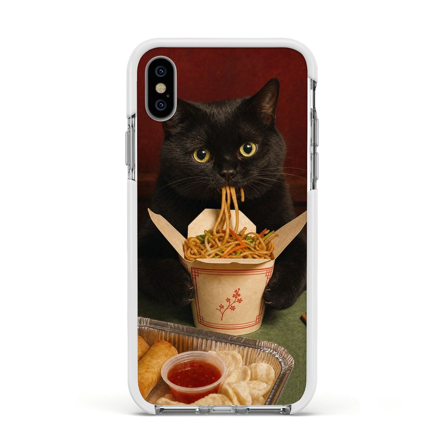 Midnight Chow Mein Apple iPhone Xs Impact Case White Edge on Silver Phone