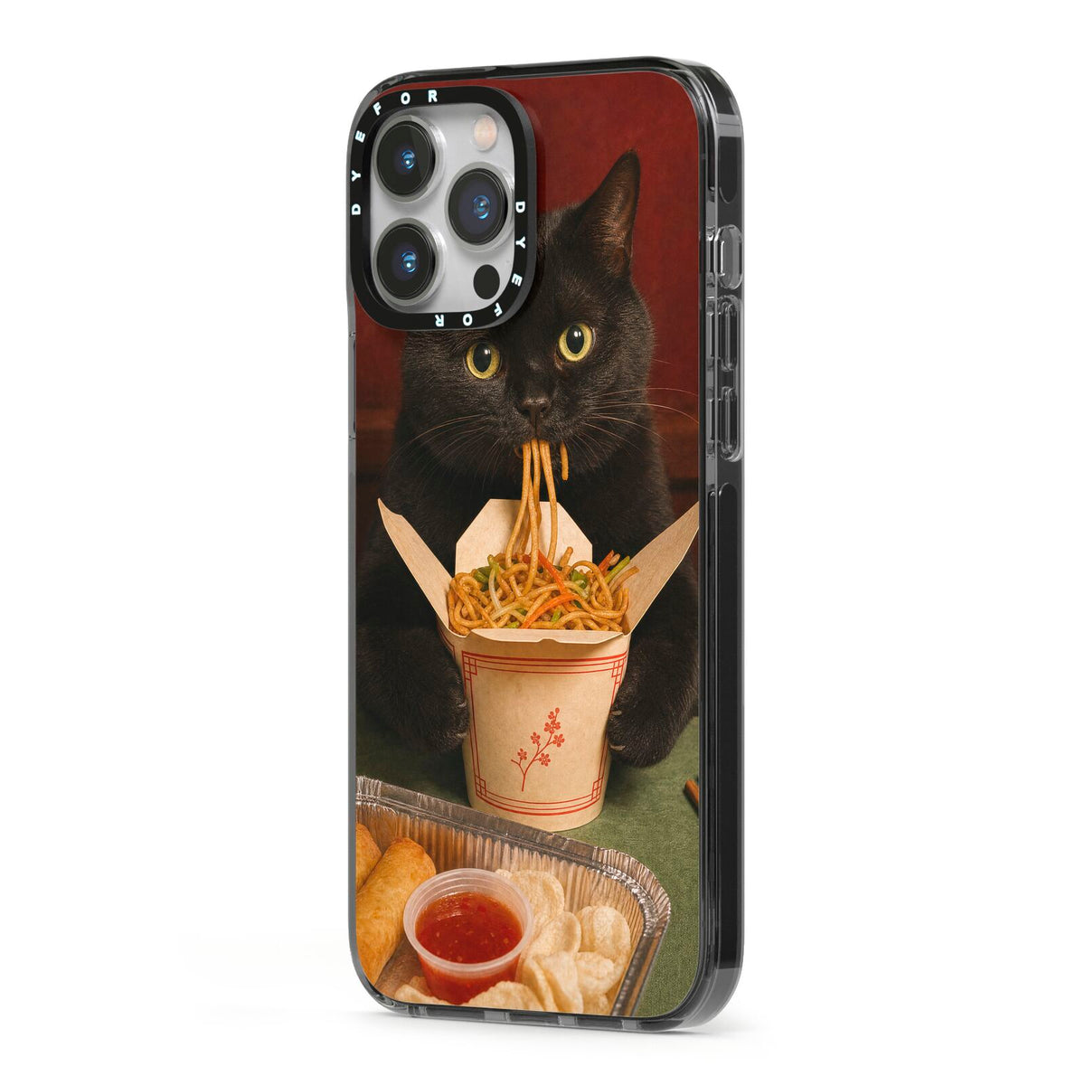 Midnight Chow Mein iPhone 13 Pro Max Black Impact Case Side Angle on Silver phone