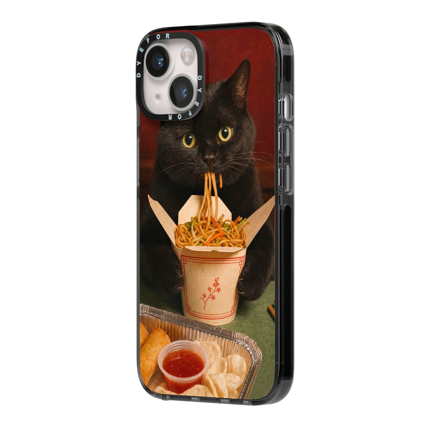 Midnight Chow Mein iPhone 14 Black Impact Case Side Angle on Silver phone