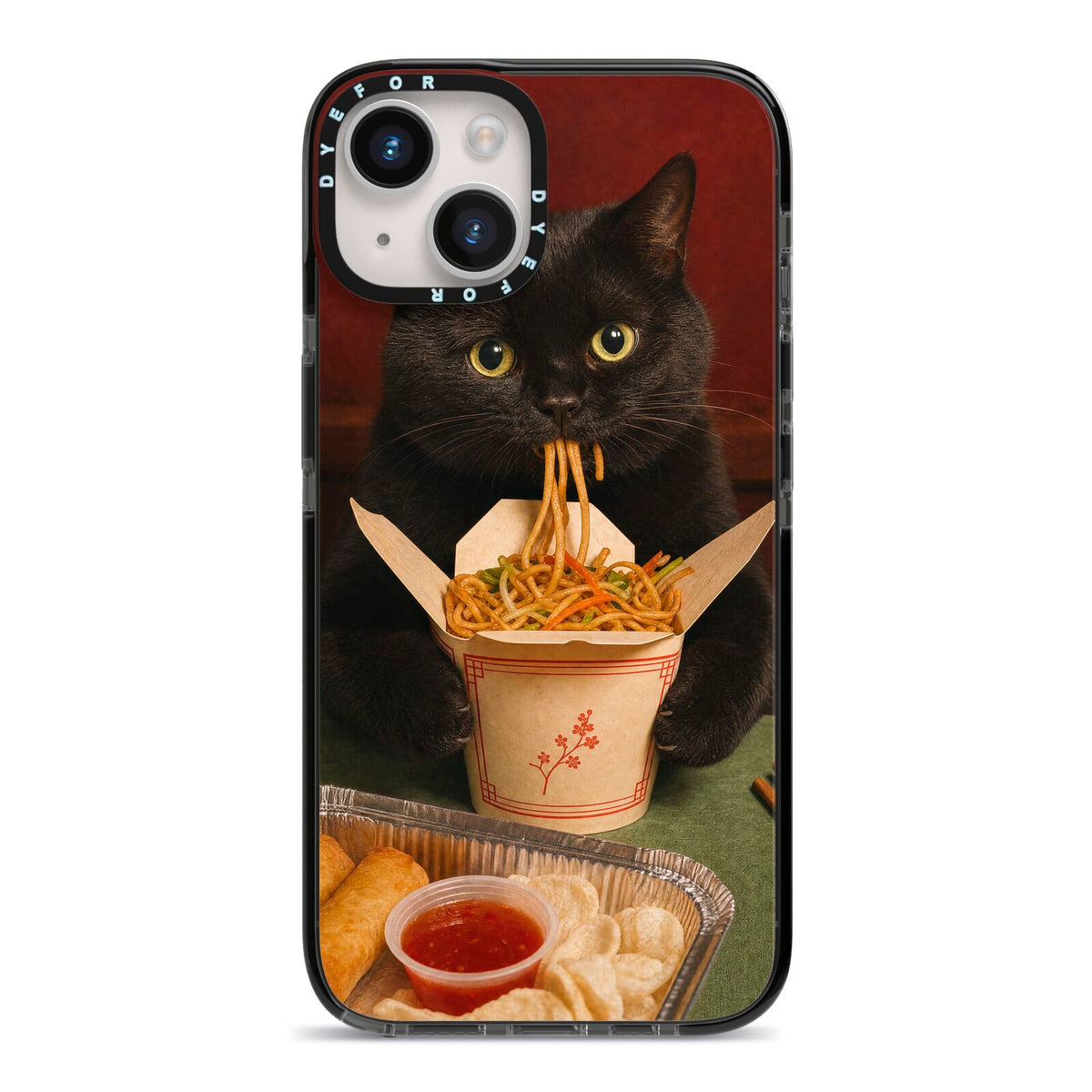Midnight Chow Mein iPhone 14 Black Impact Case on Silver phone