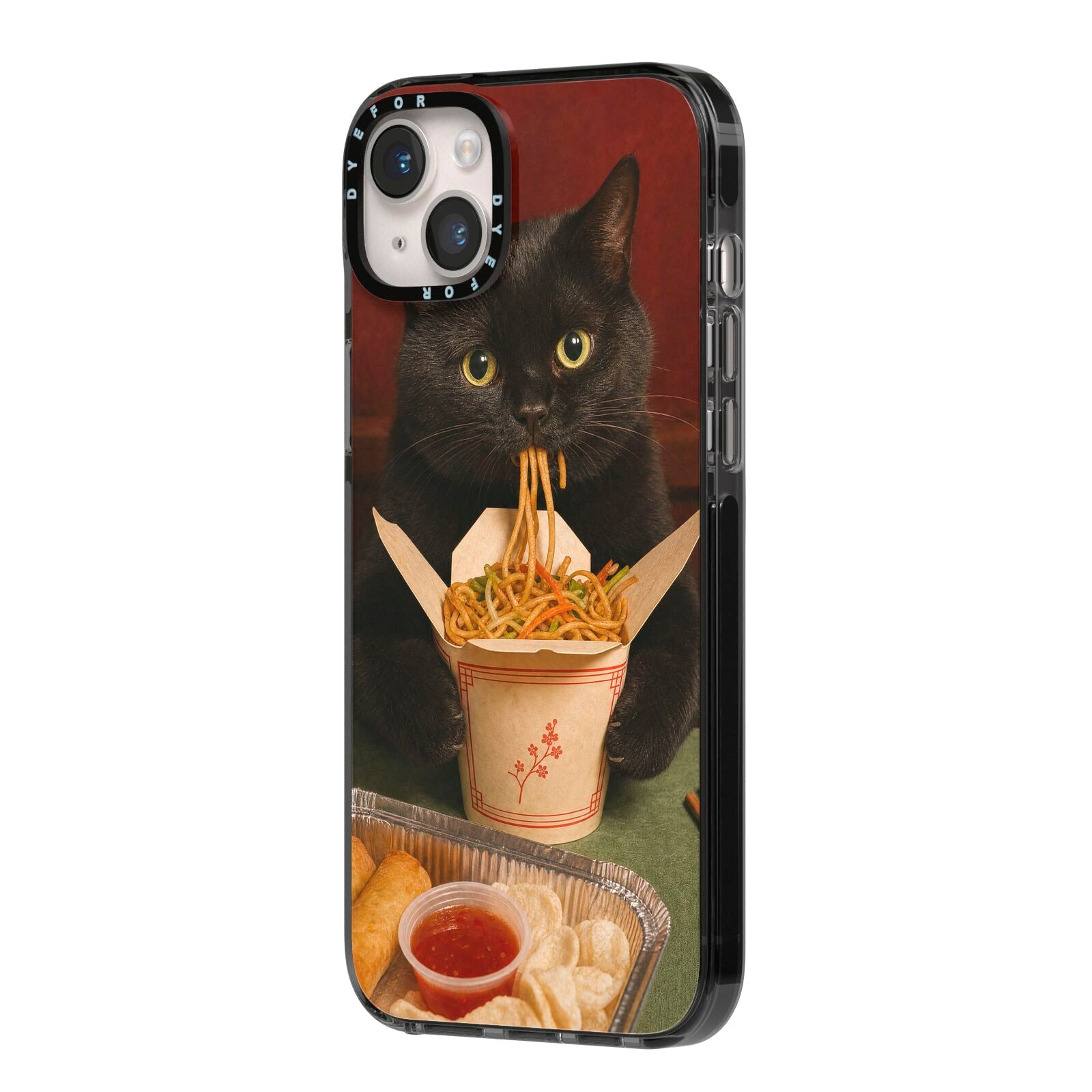 Midnight Chow Mein iPhone 14 Plus Black Impact Case Side Angle on Silver phone
