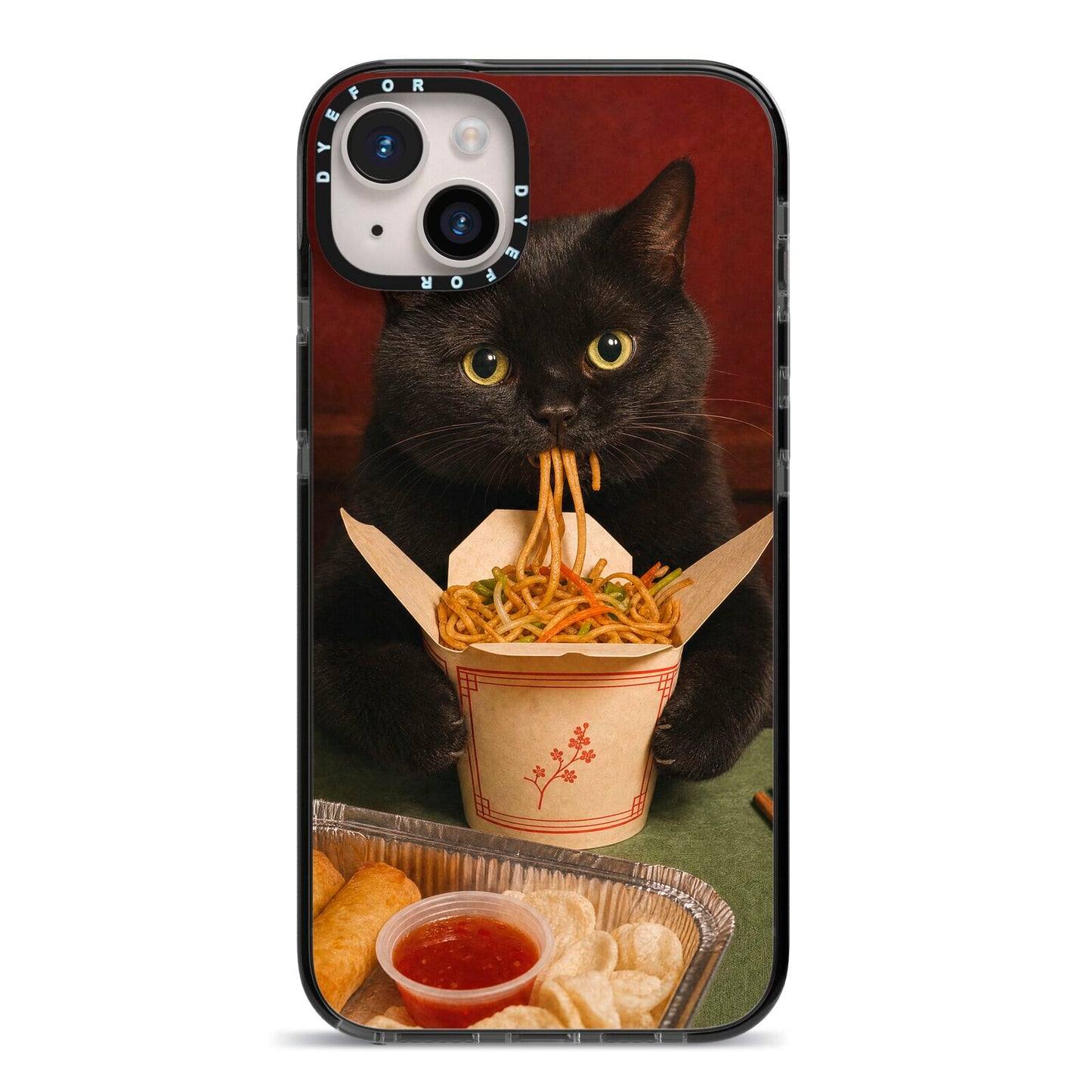 Midnight Chow Mein iPhone 14 Plus Black Impact Case on Silver phone