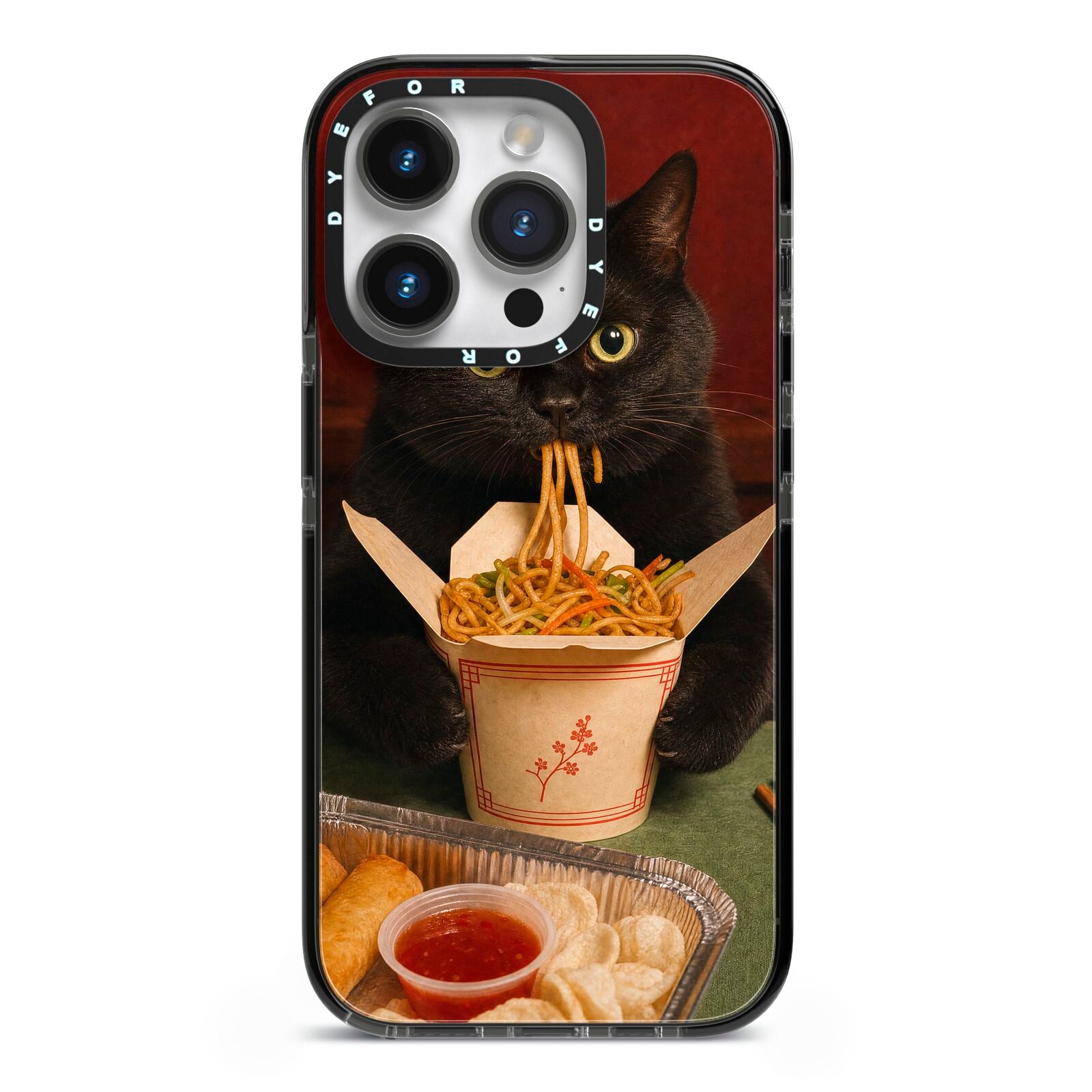 Midnight Chow Mein iPhone 14 Pro Black Impact Case on Silver phone