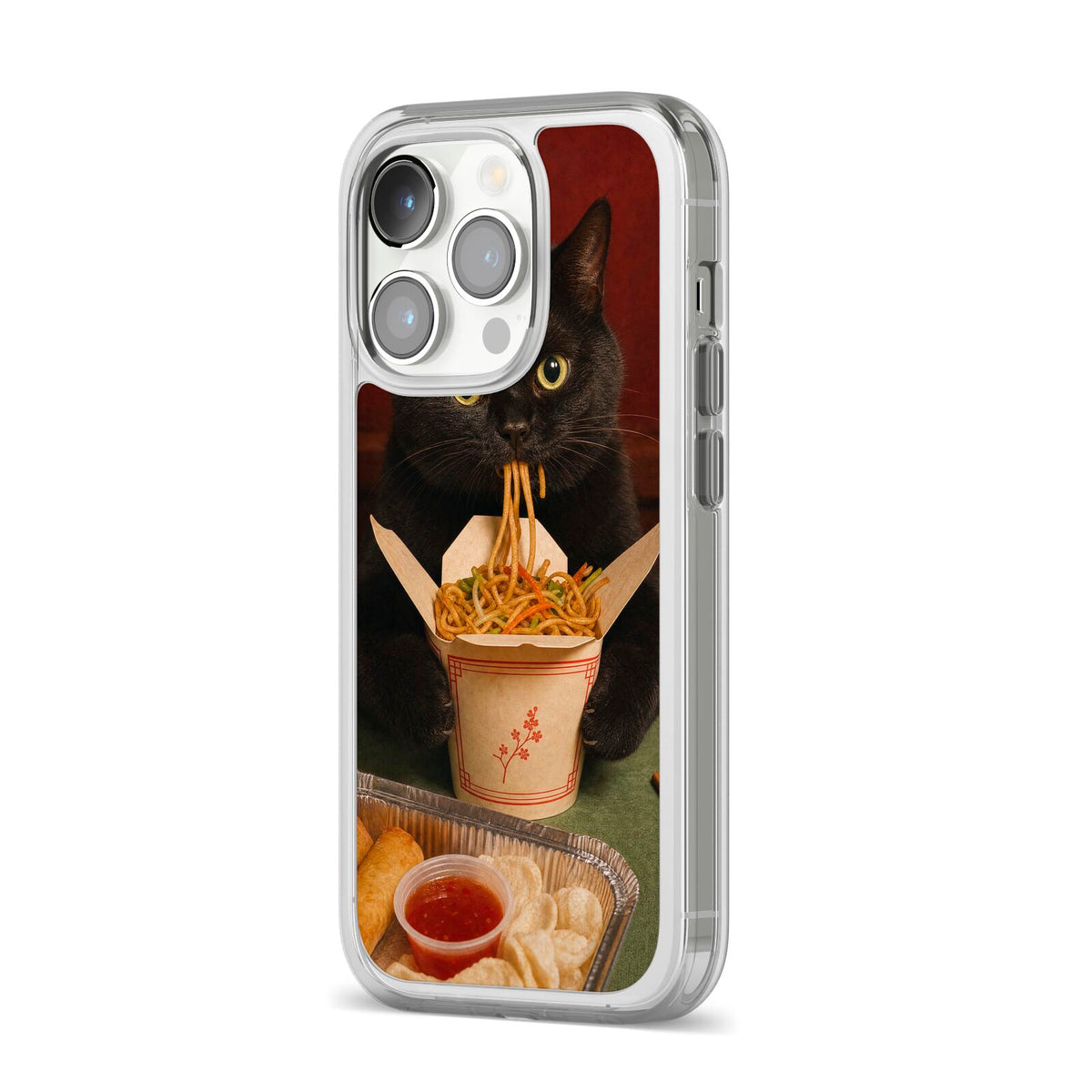 Midnight Chow Mein iPhone 14 Pro Clear Tough Case Silver Angled Image