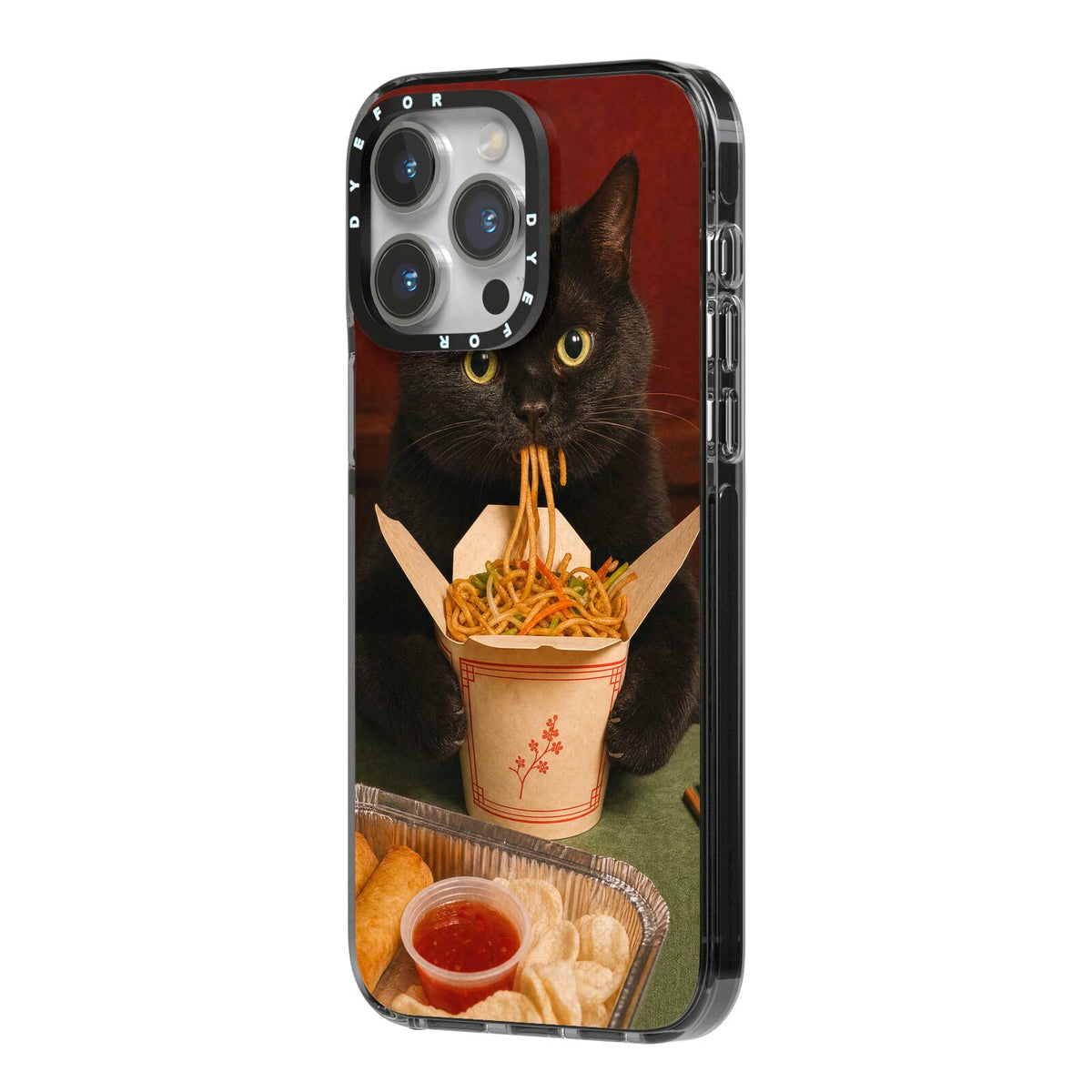 Midnight Chow Mein iPhone 14 Pro Max Black Impact Case Side Angle on Silver phone