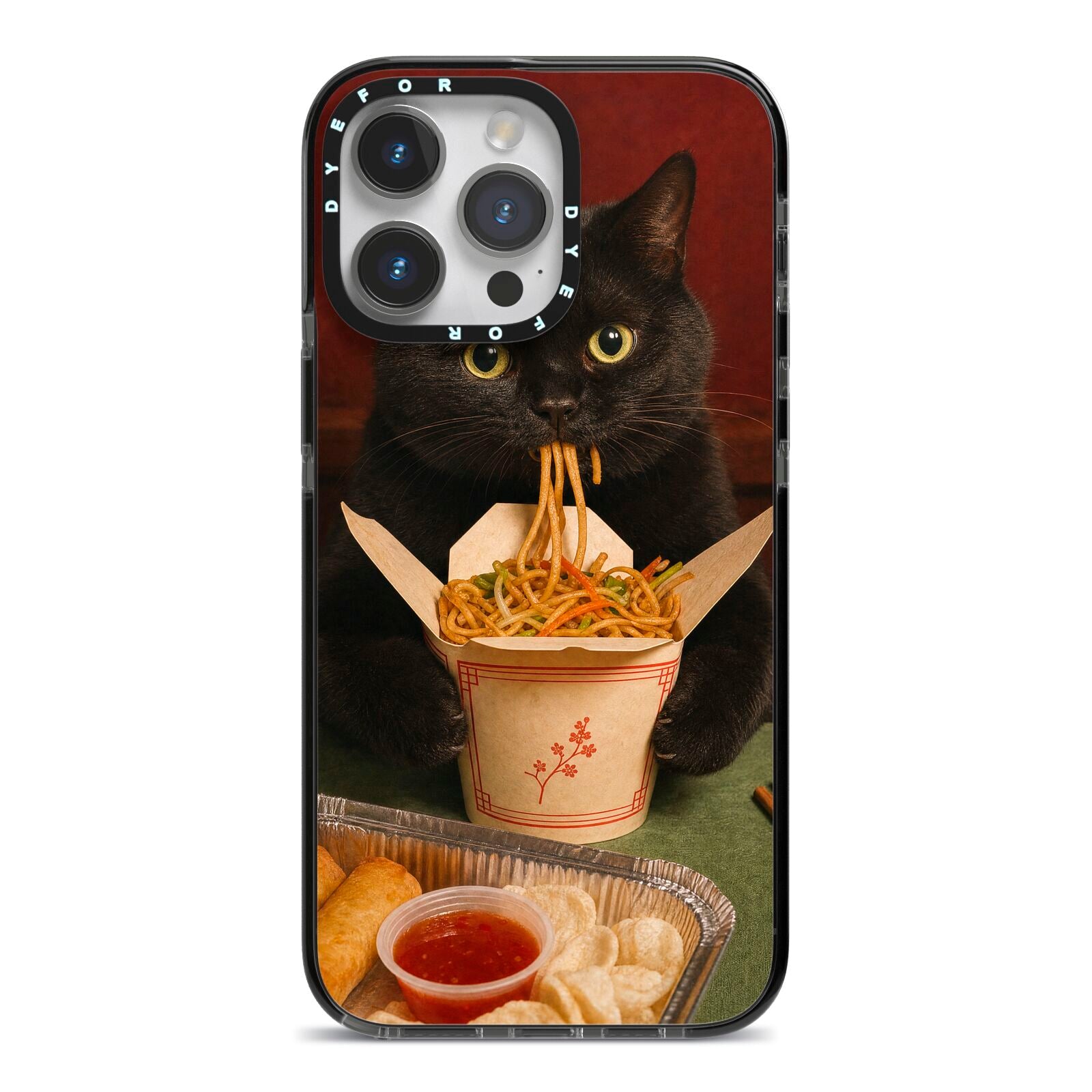 Midnight Chow Mein iPhone 14 Pro Max Black Impact Case on Silver phone