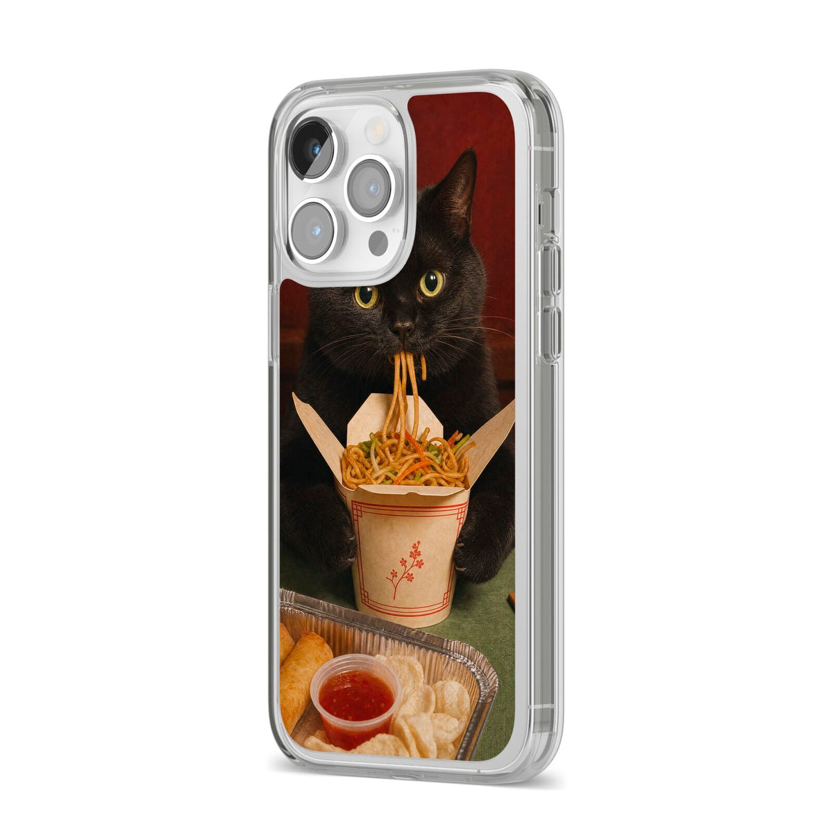 Midnight Chow Mein iPhone 14 Pro Max Clear Tough Case Silver Angled Image