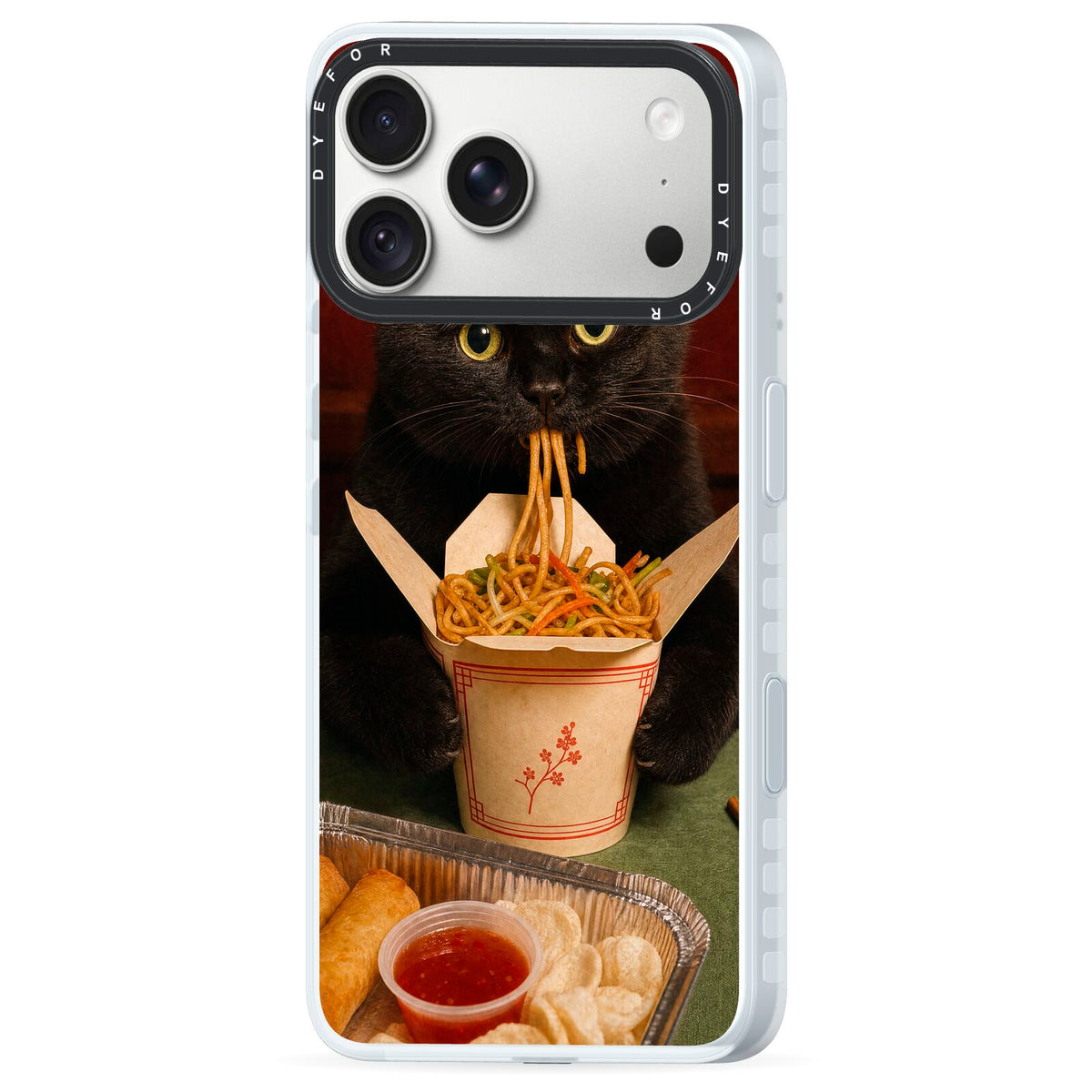 Midnight Chow Mein iPhone 18 Pro Max Black Impact Pre order Case Side Angle on Silver phone