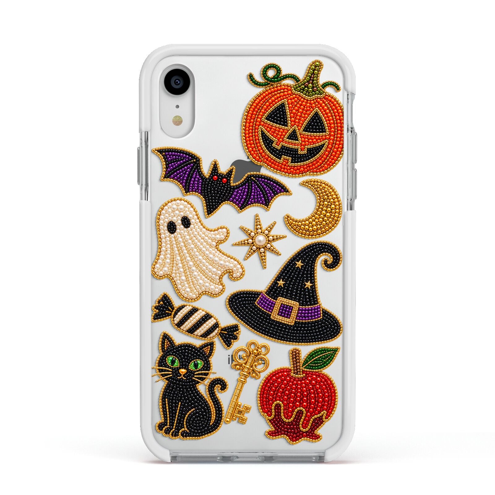 Midnight Mischief Charms Apple iPhone XR Impact Case White Edge on Silver Phone