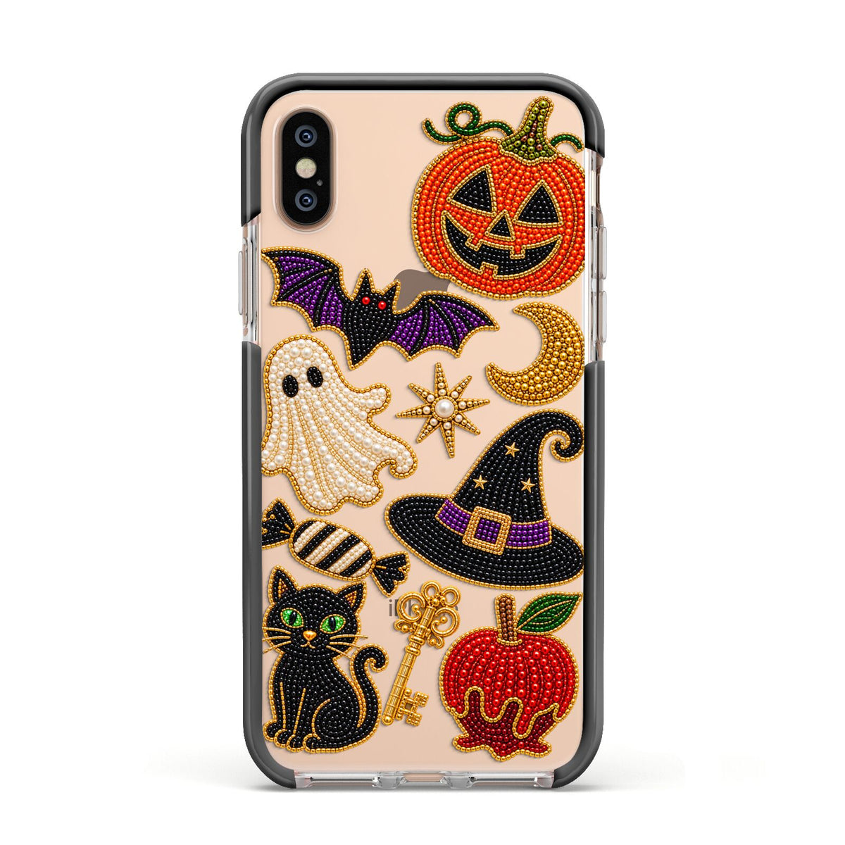 Midnight Mischief Charms Apple iPhone Xs Impact Case Black Edge on Gold Phone