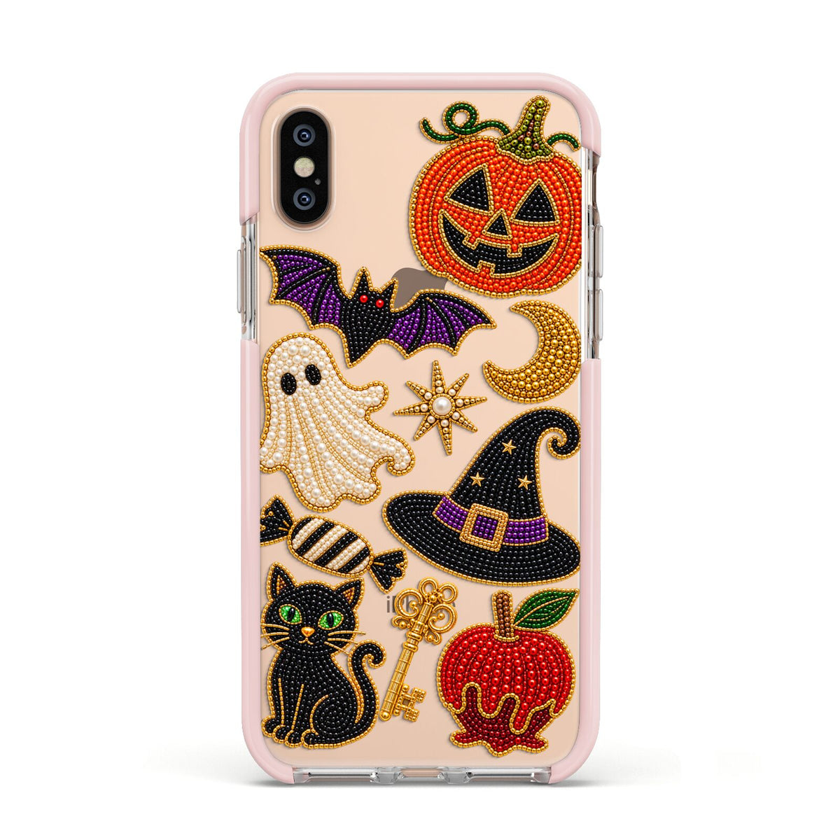 Midnight Mischief Charms Apple iPhone Xs Impact Case Pink Edge on Gold Phone