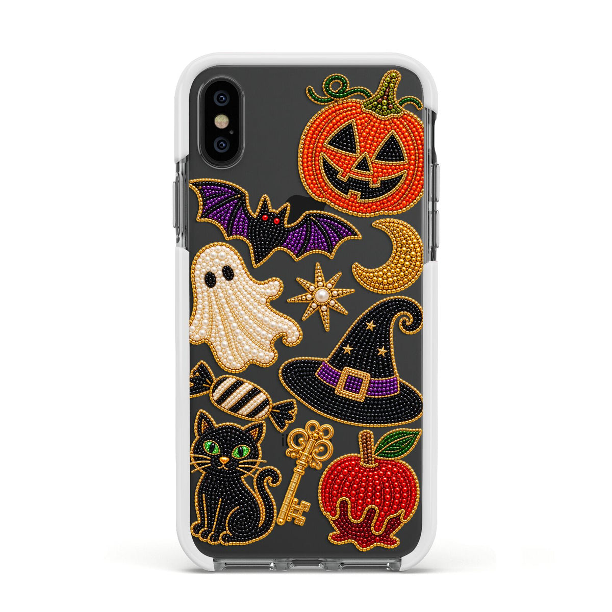 Midnight Mischief Charms Apple iPhone Xs Impact Case White Edge on Black Phone