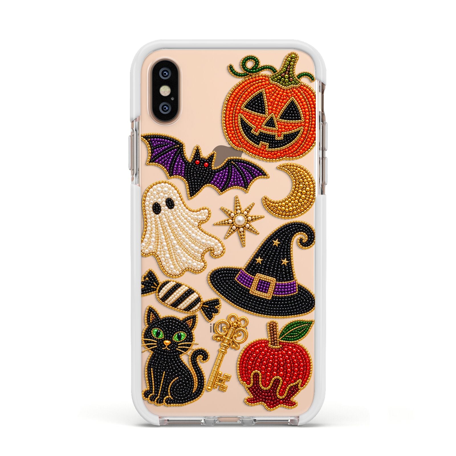 Midnight Mischief Charms Apple iPhone Xs Impact Case White Edge on Gold Phone
