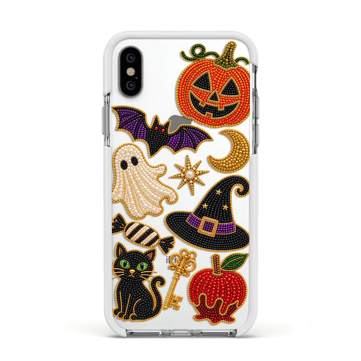Midnight Mischief Charms Apple iPhone Xs Impact Case White Edge on Silver Phone