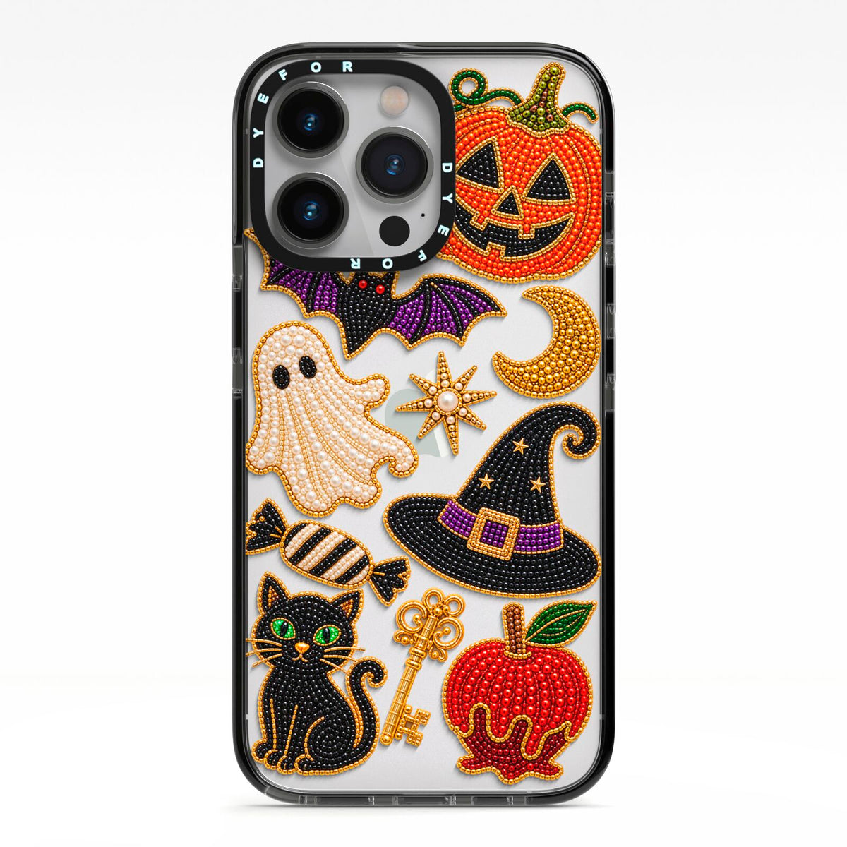 Midnight Mischief Charms iPhone 13 Pro Black Impact Case on Silver phone