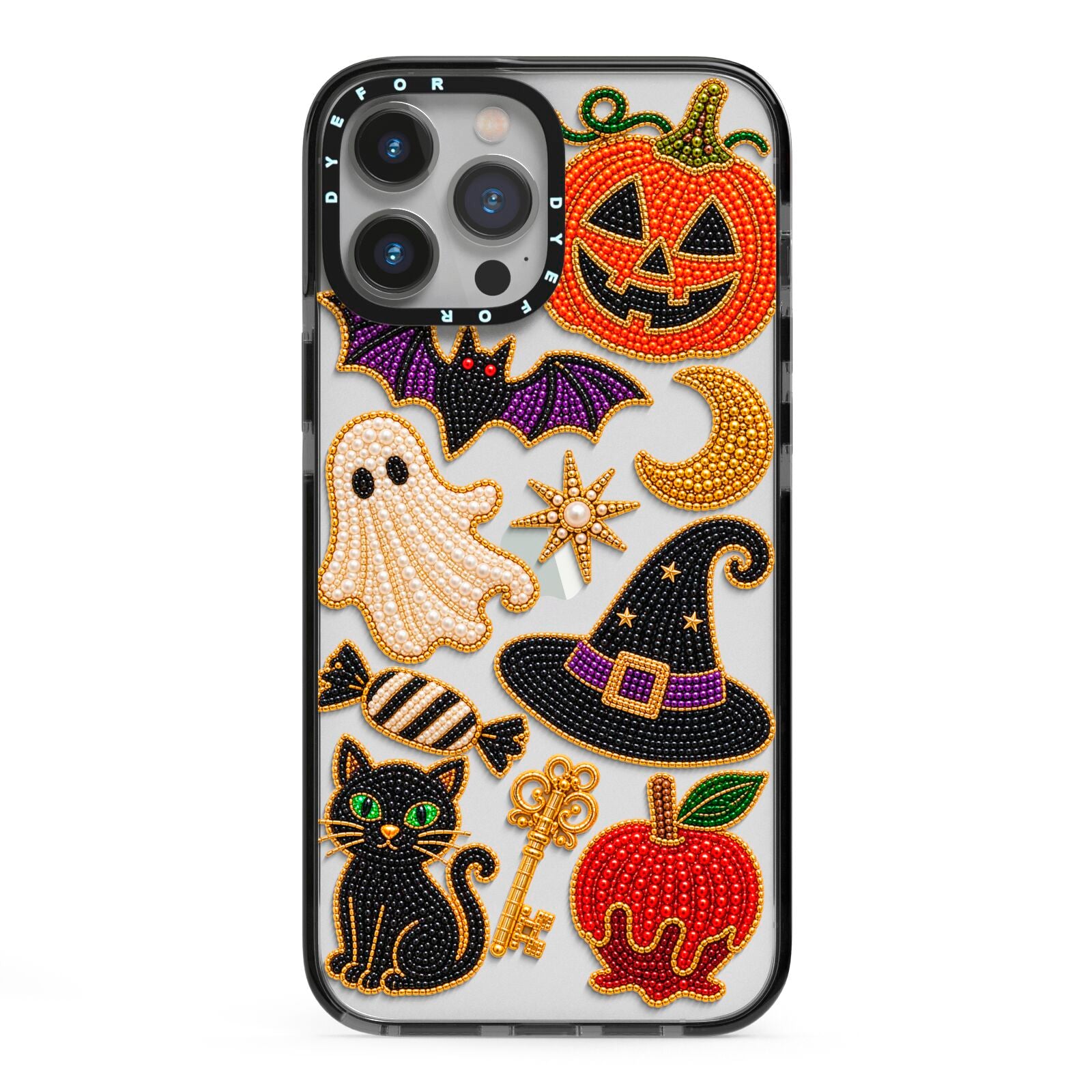 Midnight Mischief Charms iPhone 13 Pro Max Black Impact Case on Silver phone