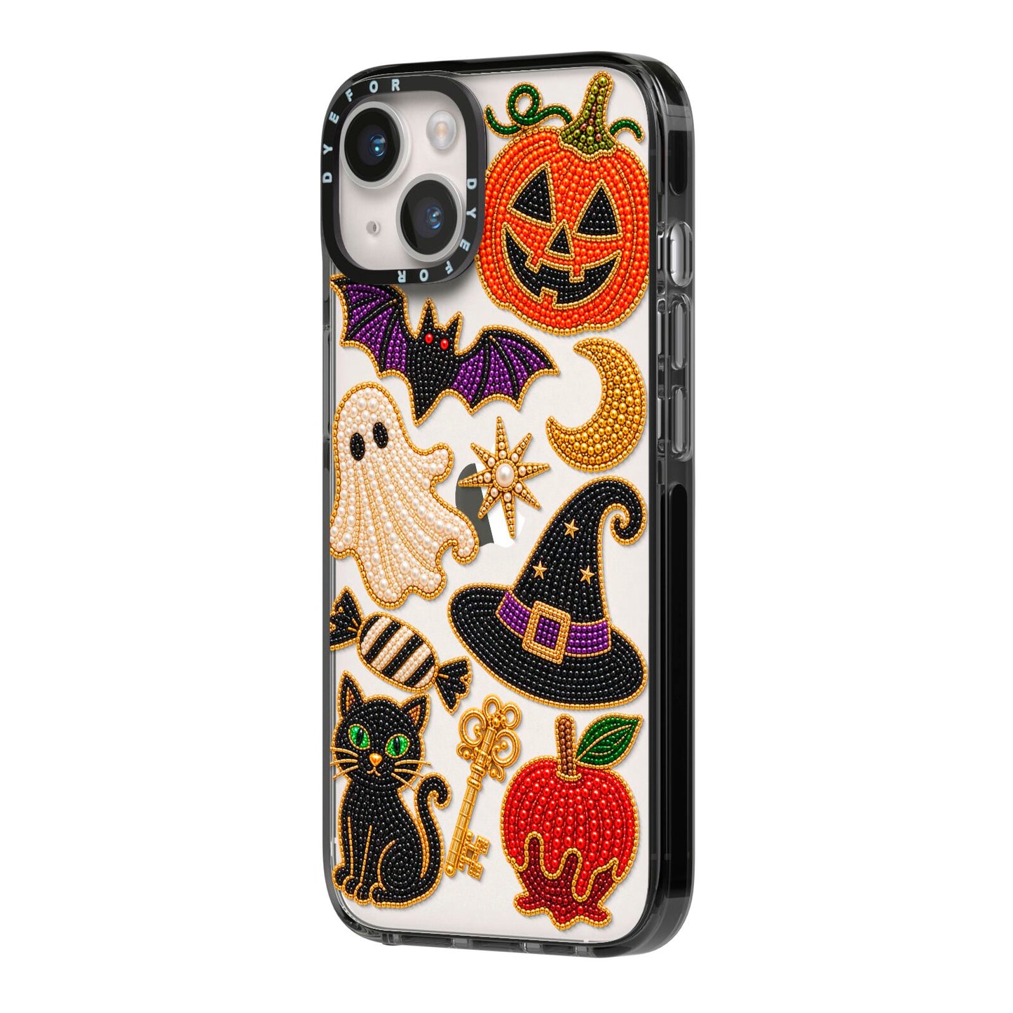 Midnight Mischief Charms iPhone 14 Black Impact Case Side Angle on Silver phone