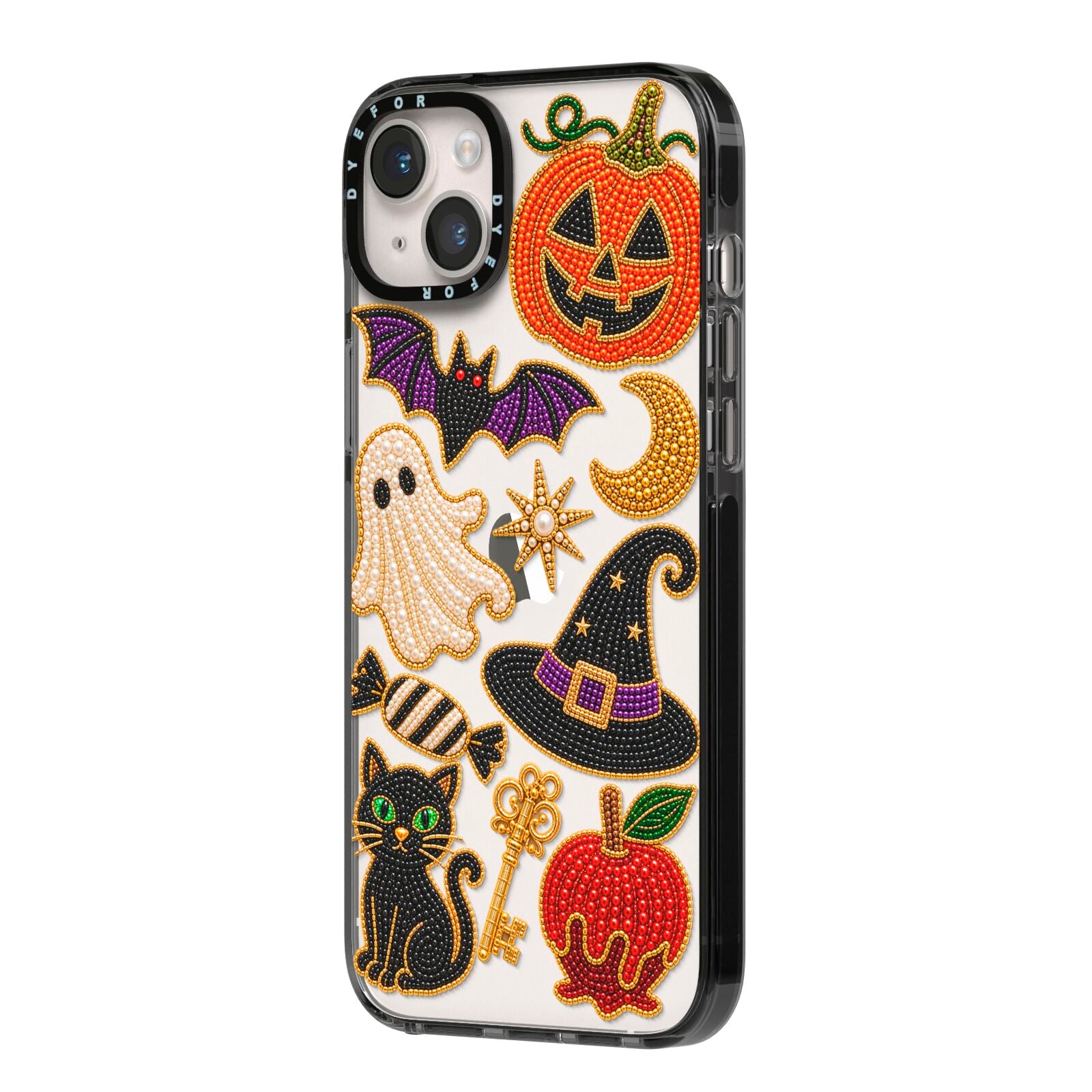 Midnight Mischief Charms iPhone 14 Plus Black Impact Case Side Angle on Silver phone