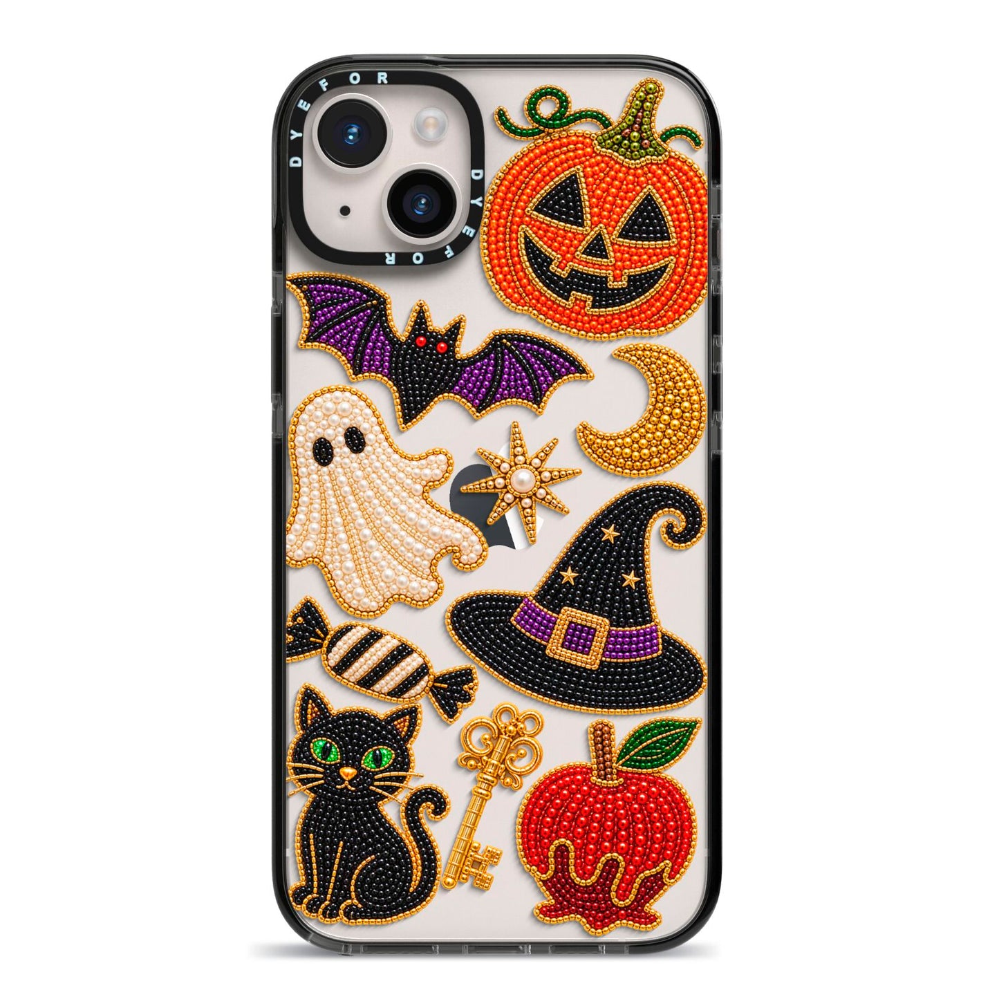 Midnight Mischief Charms iPhone 14 Plus Black Impact Case on Silver phone
