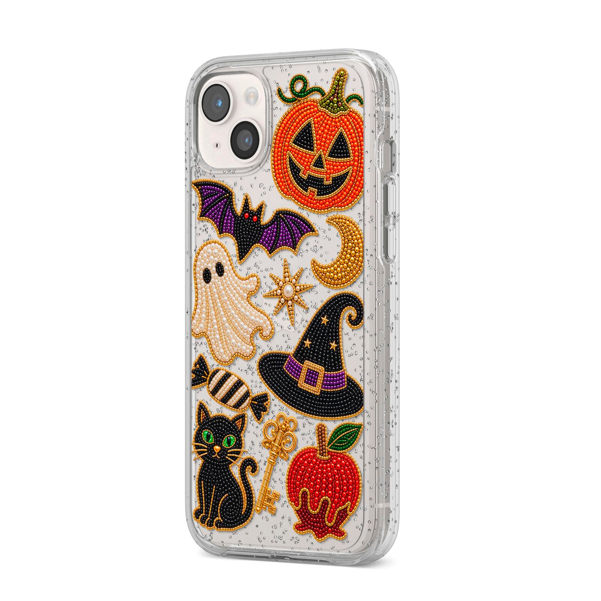 Midnight Mischief Charms iPhone 14 Plus Glitter Tough Case Starlight Angled Image