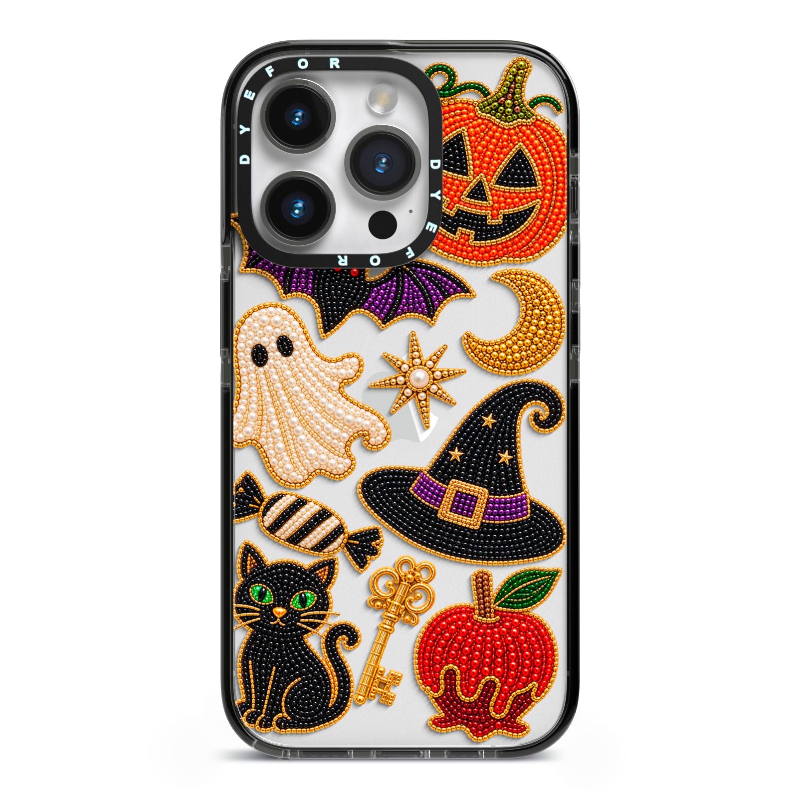 Midnight Mischief Charms iPhone 14 Pro Black Impact Case on Silver phone