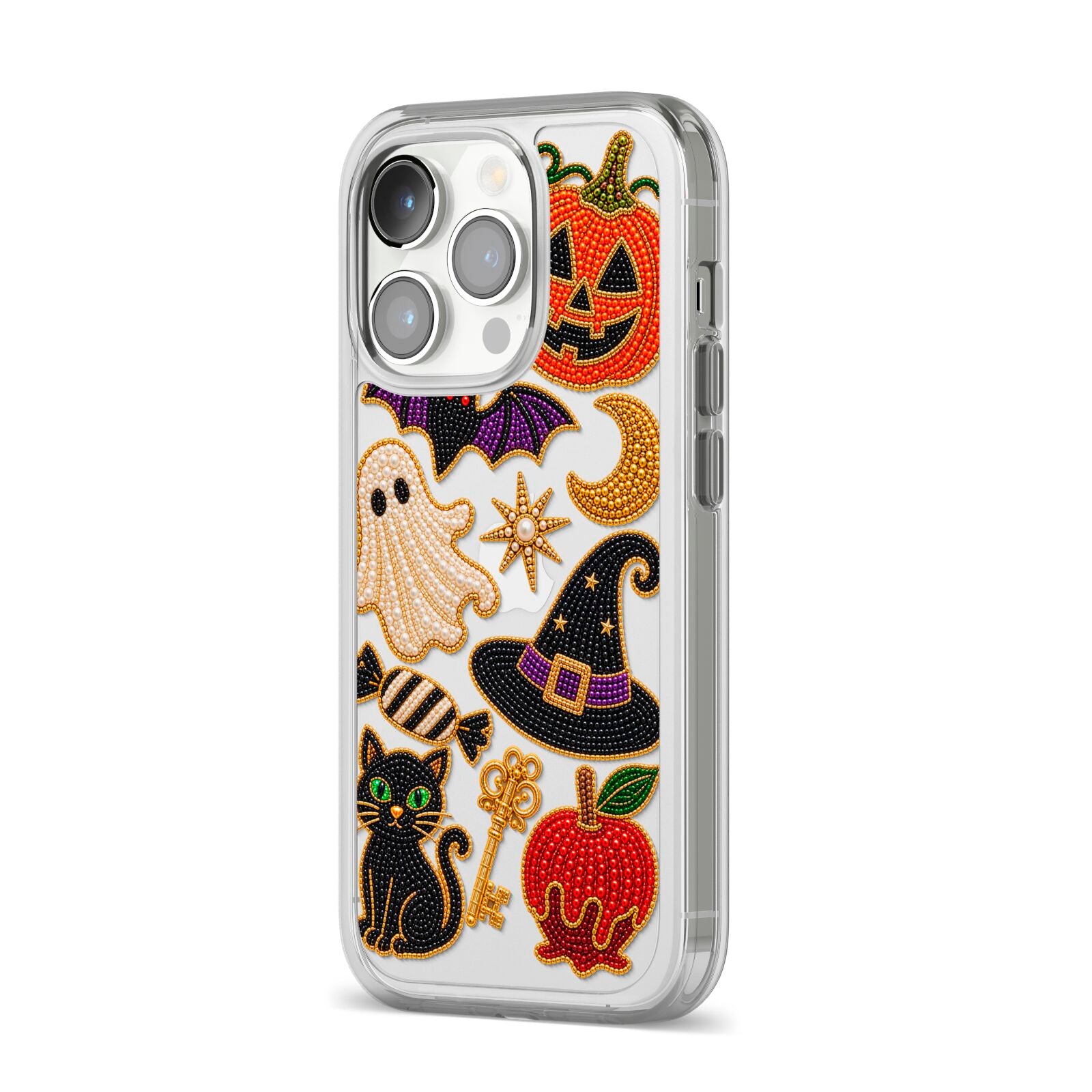 Midnight Mischief Charms iPhone 14 Pro Clear Tough Case Silver Angled Image