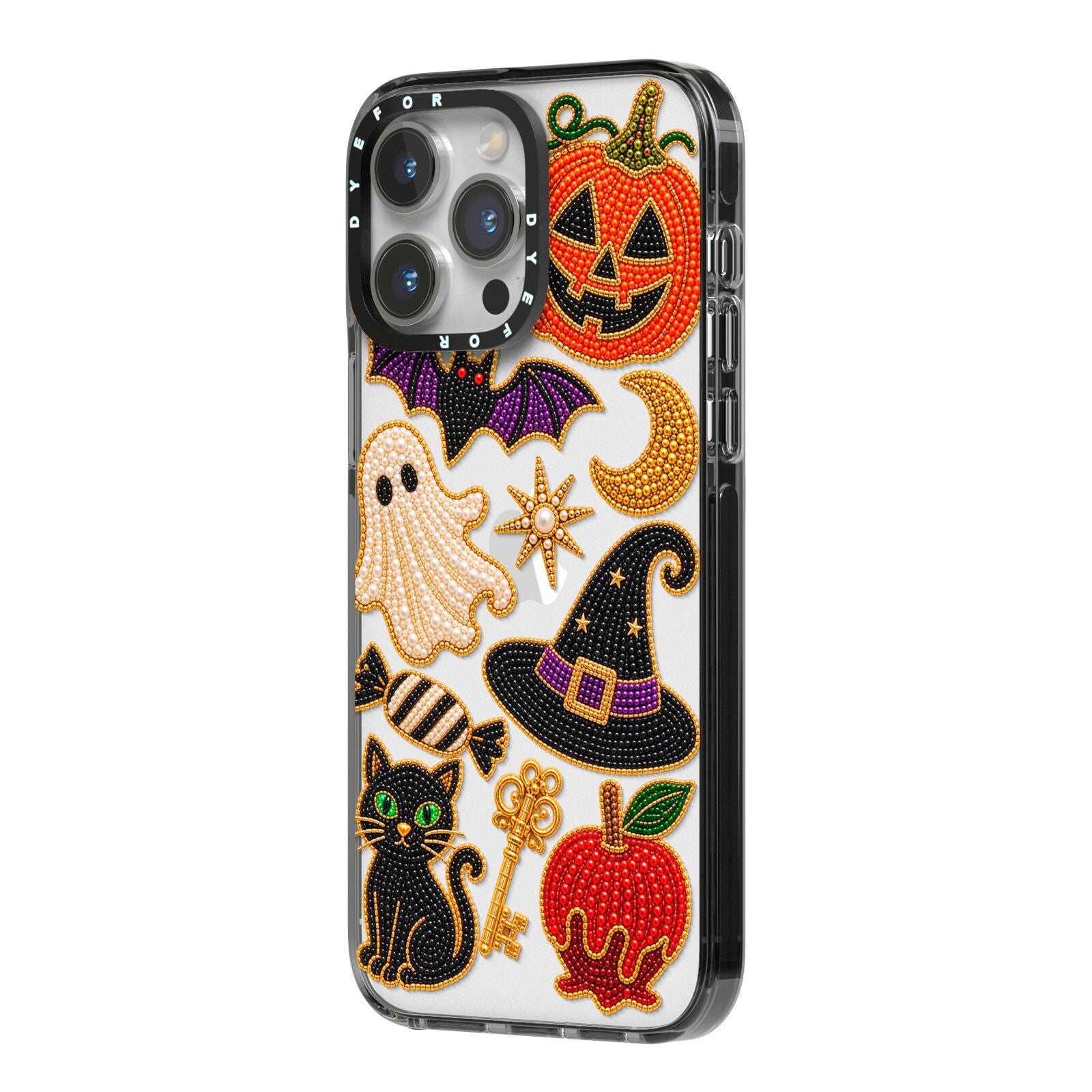 Midnight Mischief Charms iPhone 14 Pro Max Black Impact Case Side Angle on Silver phone
