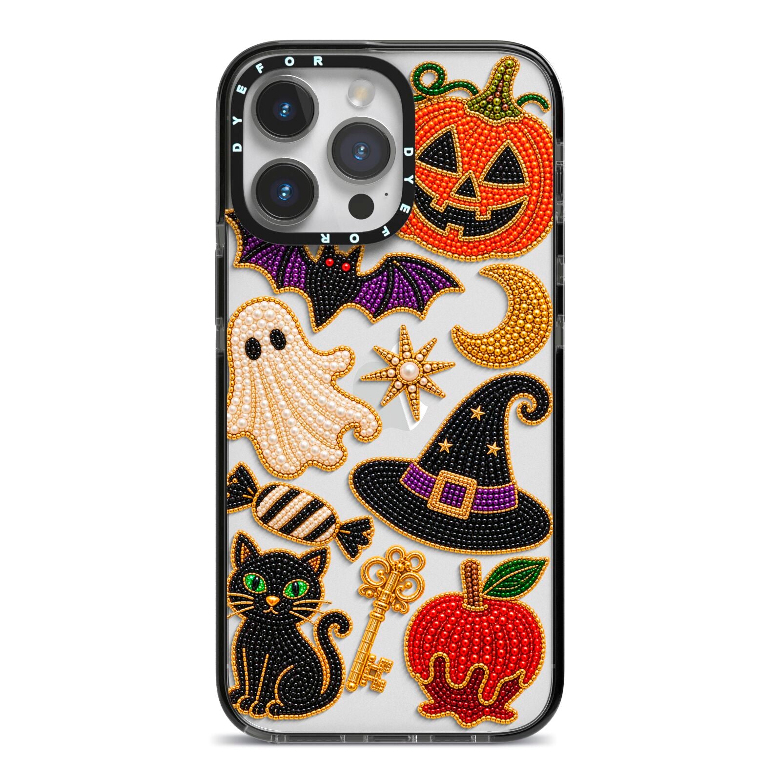 Midnight Mischief Charms iPhone 14 Pro Max Black Impact Case on Silver phone