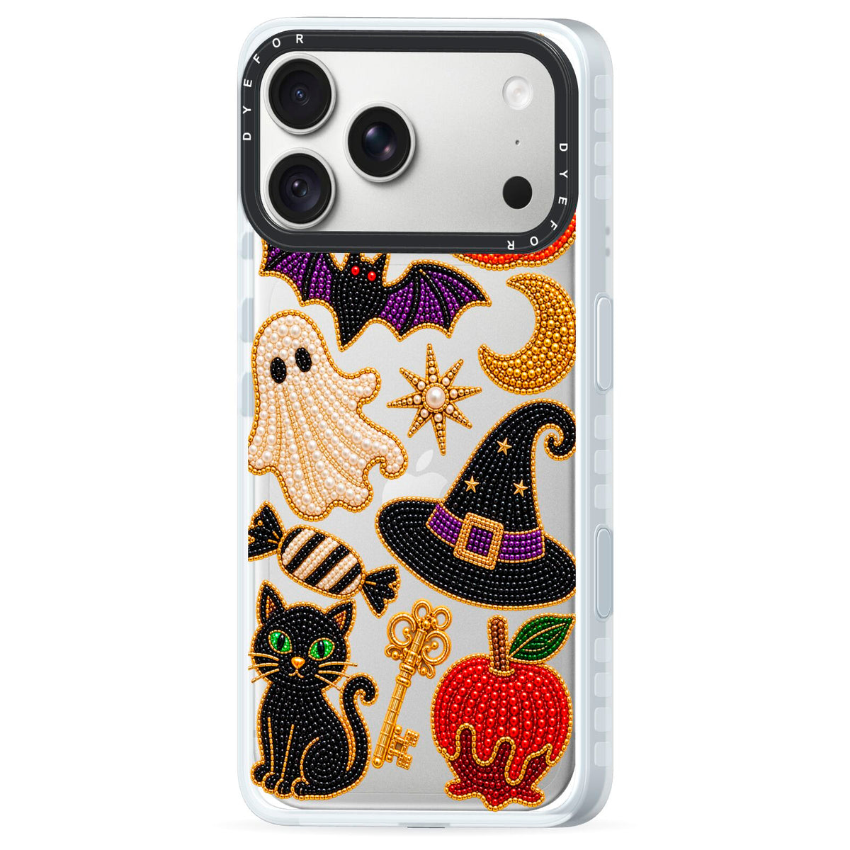 Midnight Mischief Charms iPhone 18 Pro Black Impact Pre order Case Side Angle on Silver phone