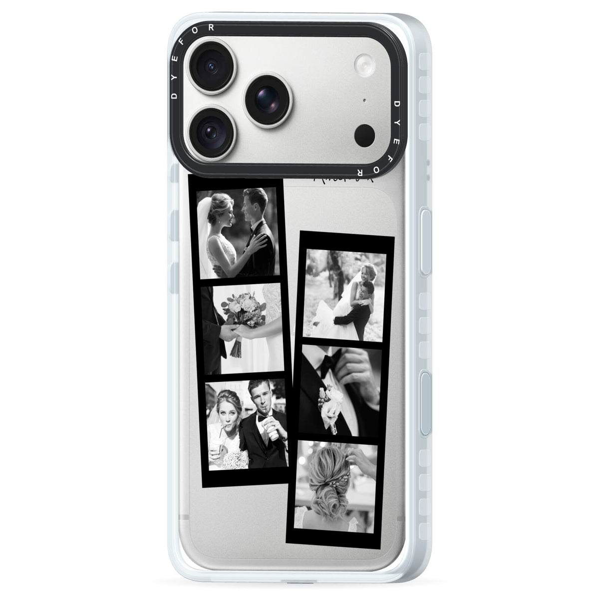 Monochrome Anniversary Photo Strip with Name iPhone 18 Pro Black Impact Pre order Case Side Angle on Silver phone