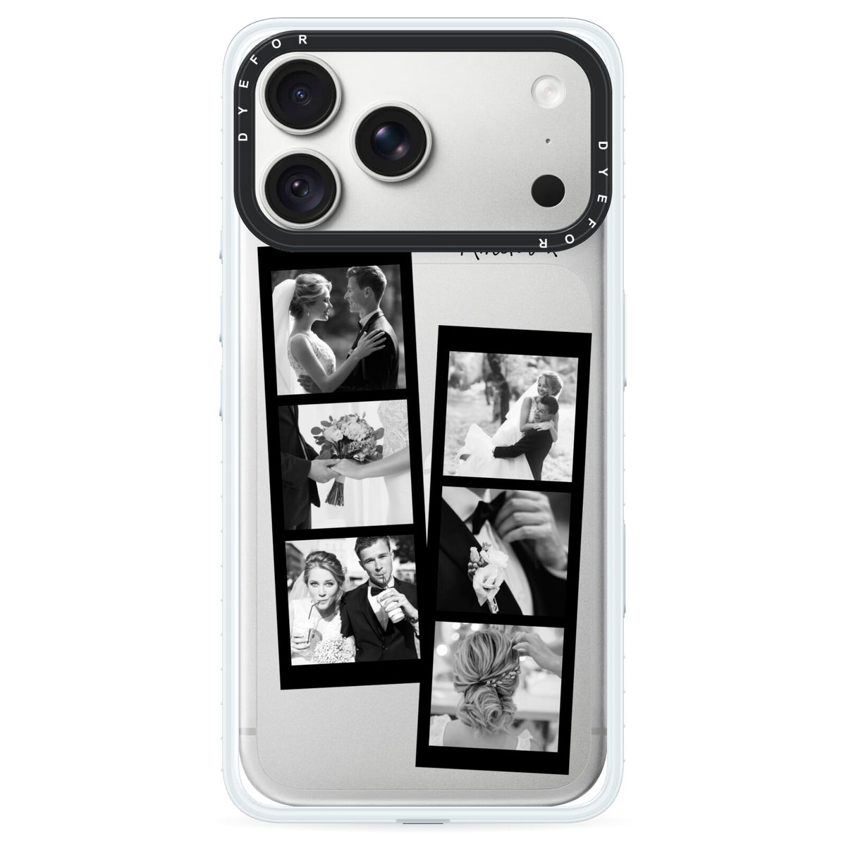 Monochrome Anniversary Photo Strip with Name iPhone 18 Pro Black Impact Pre order Case on Silver phone