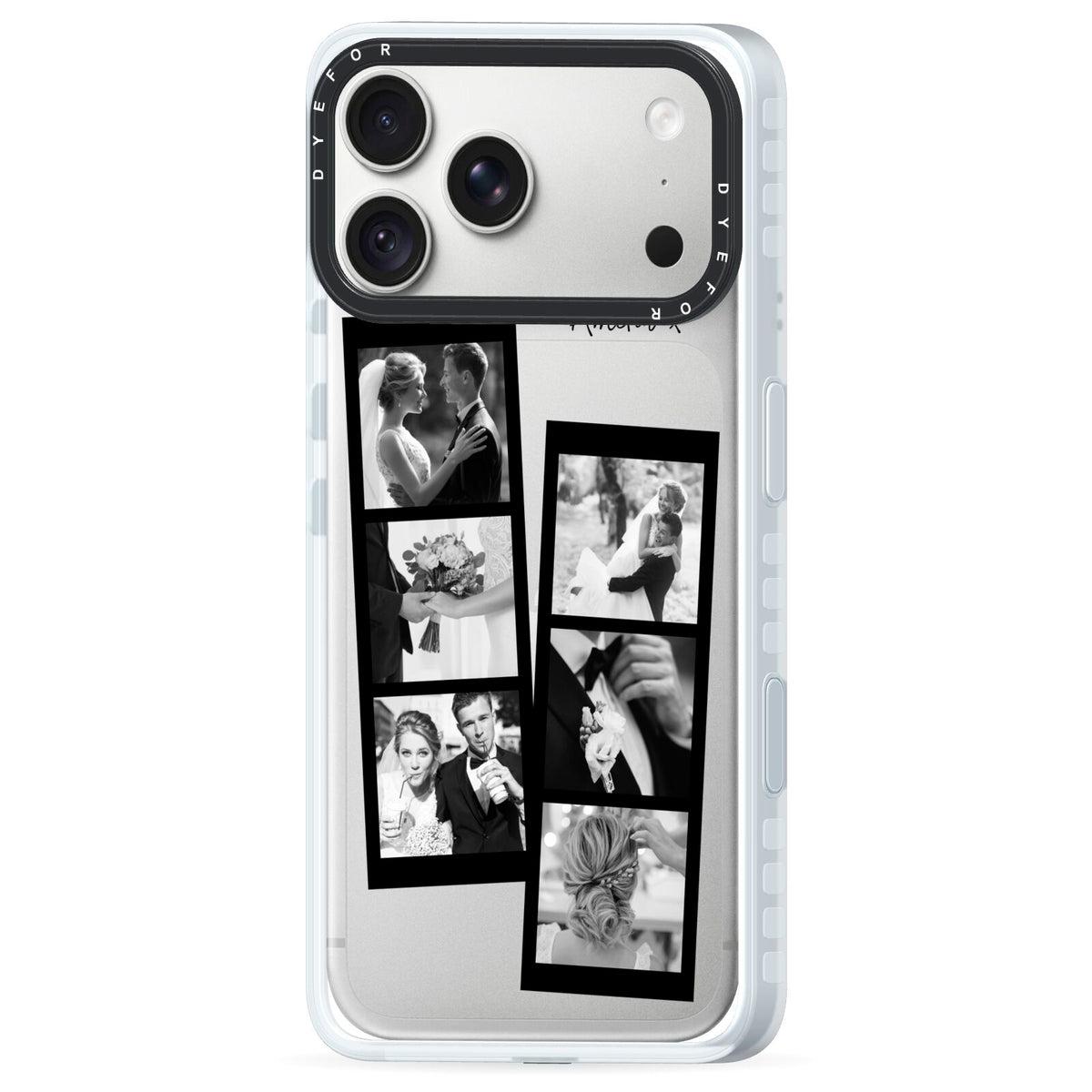 Monochrome Anniversary Photo Strip with Name iPhone 18 Pro Max Black Impact Pre order Case Side Angle on Silver phone