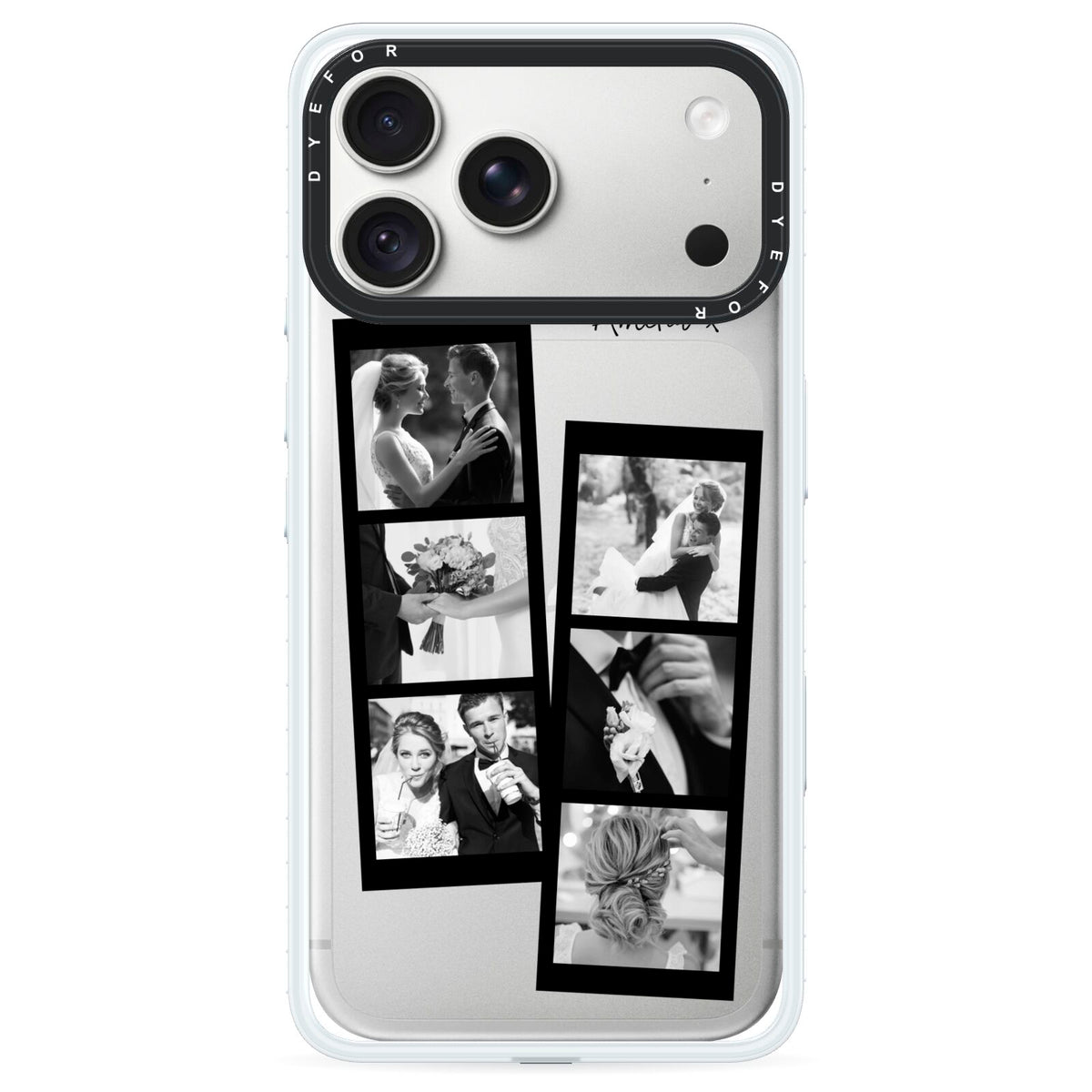 Monochrome Anniversary Photo Strip with Name iPhone 18 Pro Max Black Impact Pre order Case on Silver phone